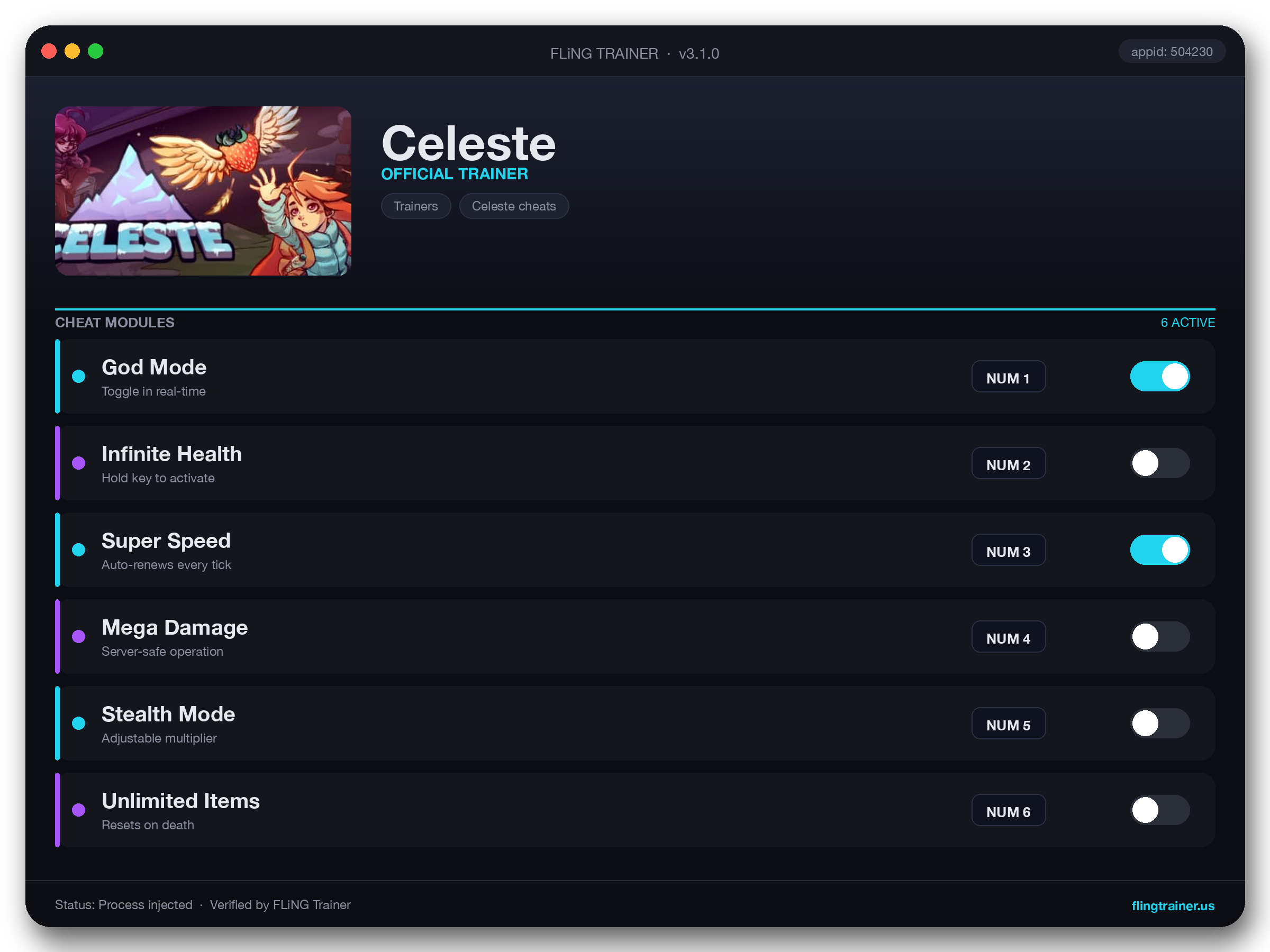 Celeste Trainer interface