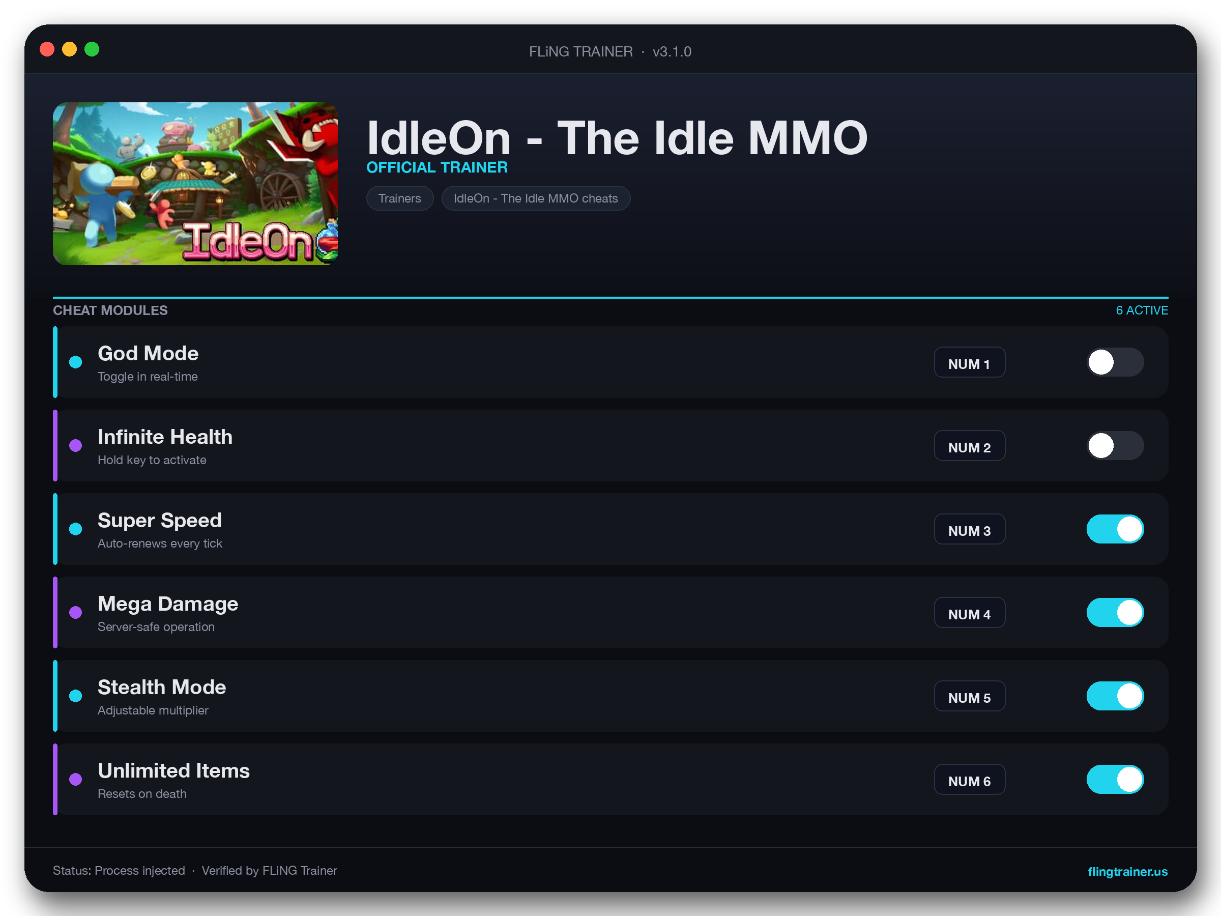 IdleOn - The Idle MMO Trainer interface