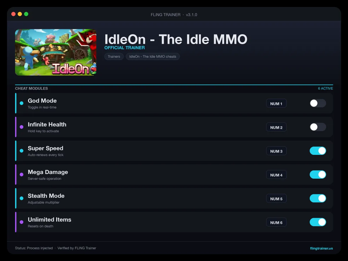 IdleOn - The Idle MMO Trainer interface