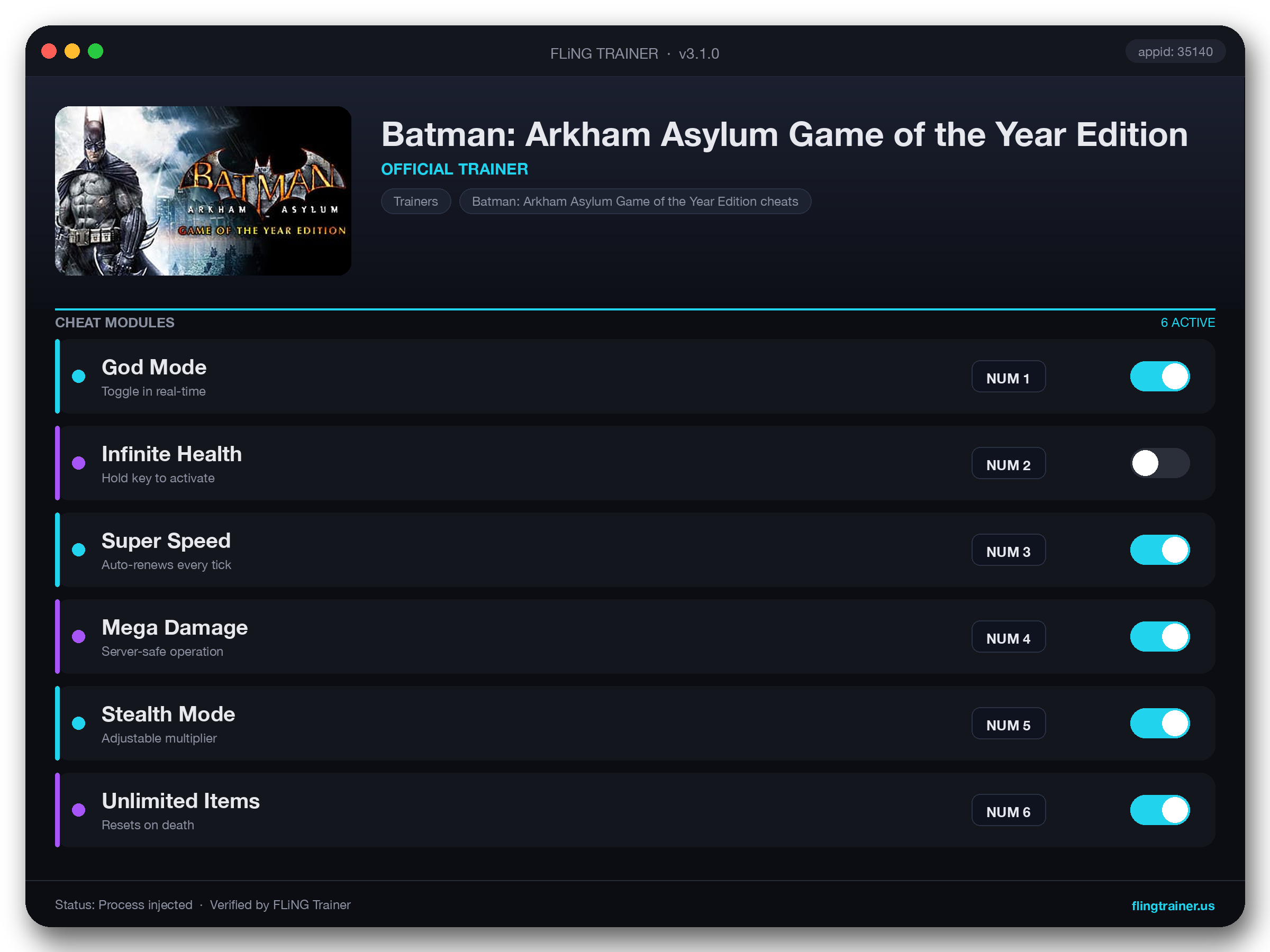 Batman: Arkham Asylum Game of the Year Edition Trainer interface