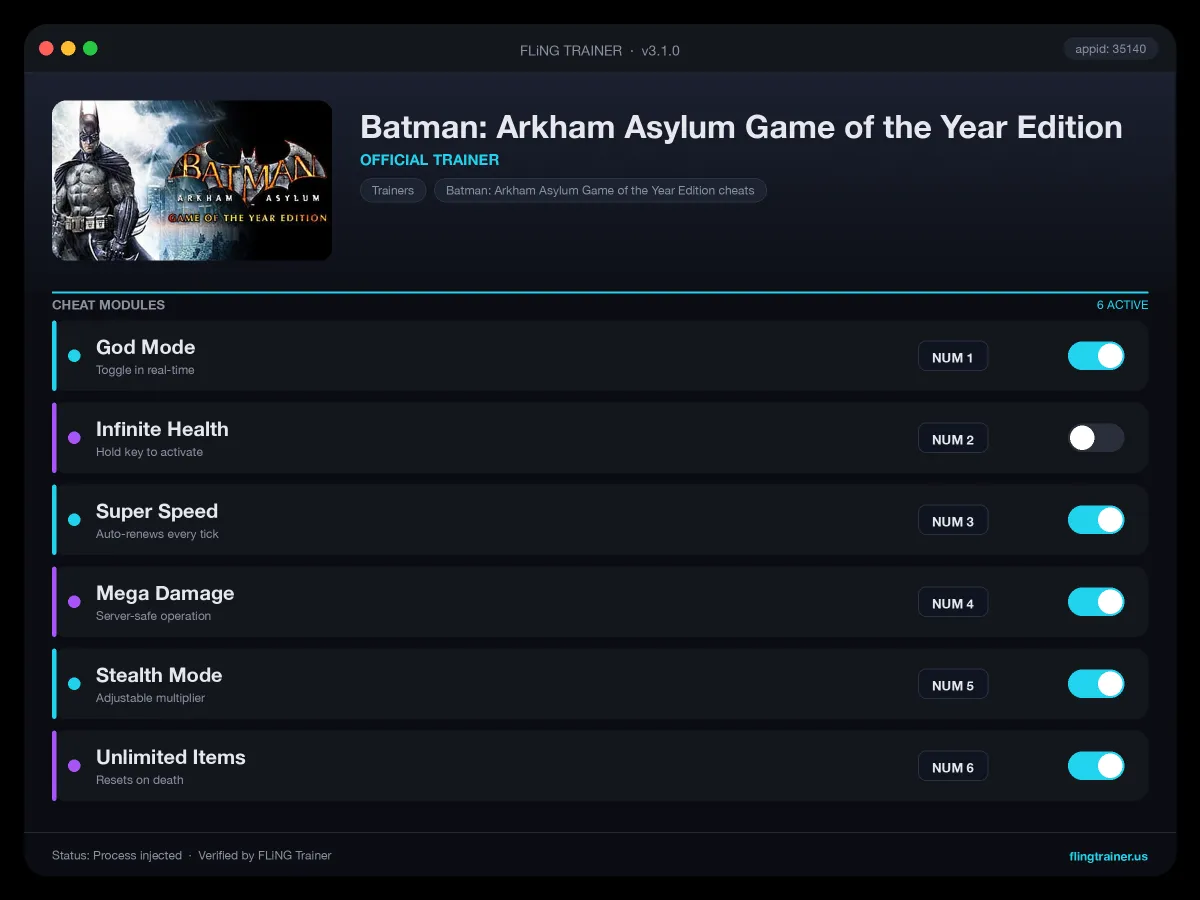 Batman: Arkham Asylum Game of the Year Edition Trainer interface