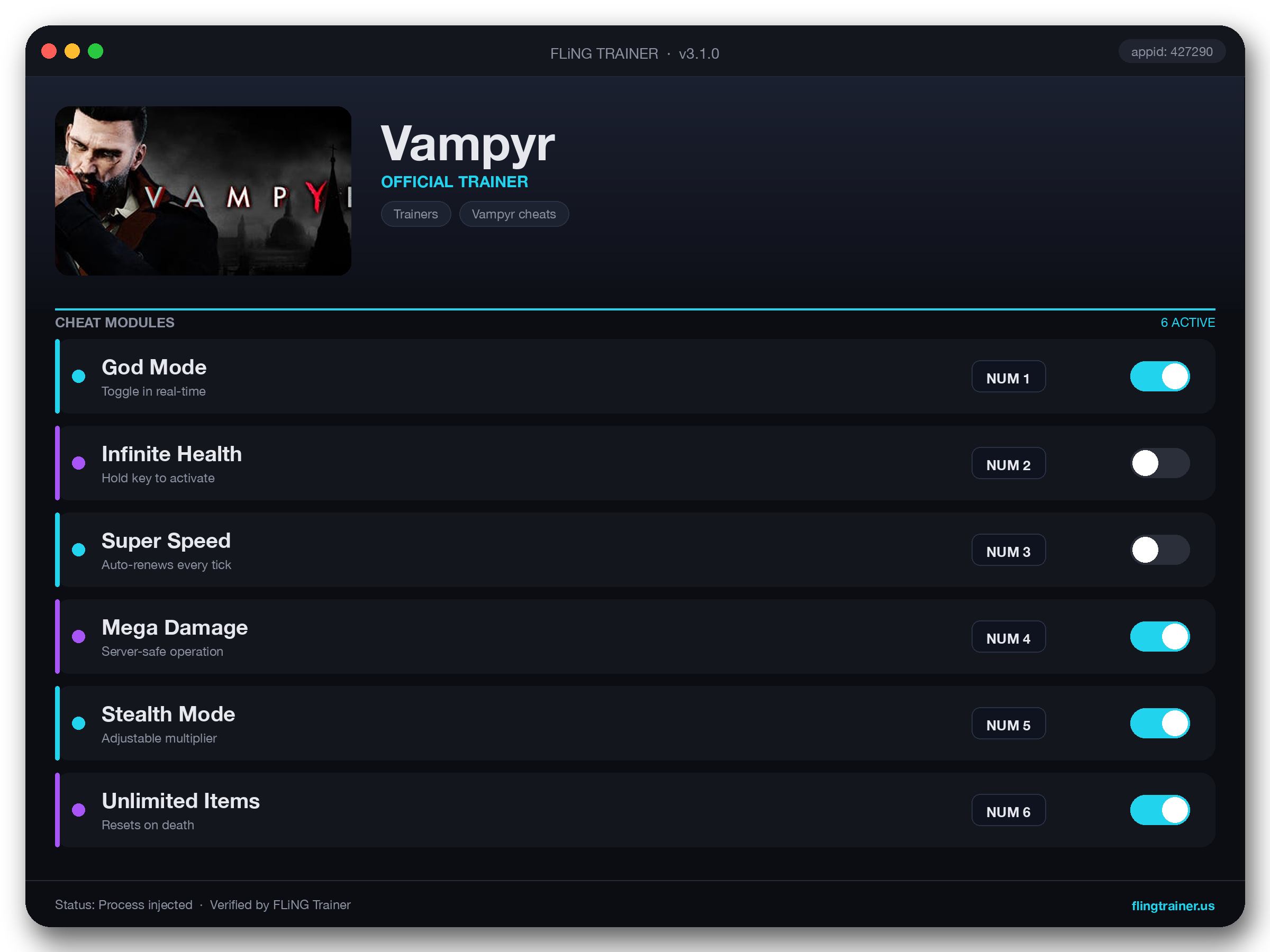 Vampyr Trainer interface