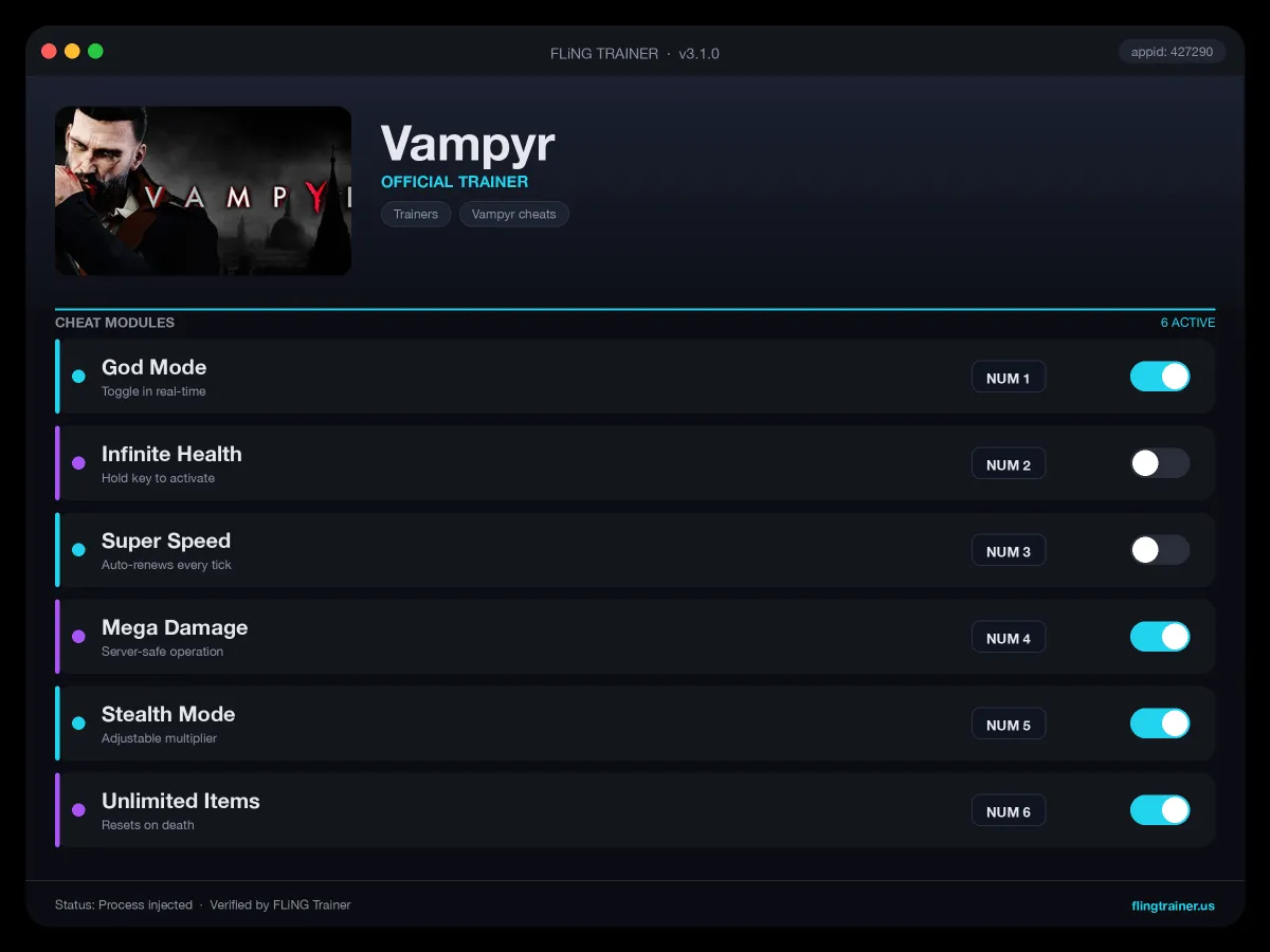 Vampyr Trainer interface