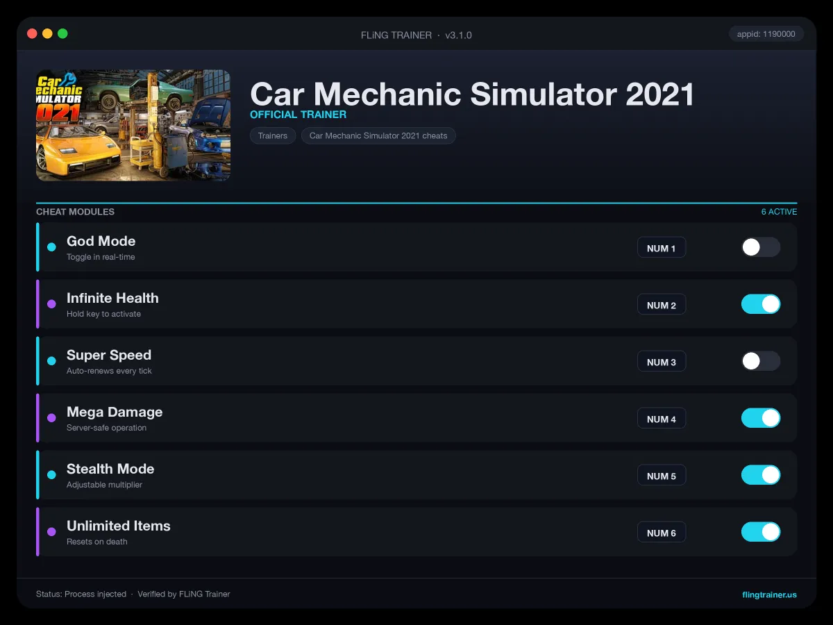 Car Mechanic Simulator 2021 Trainer interface