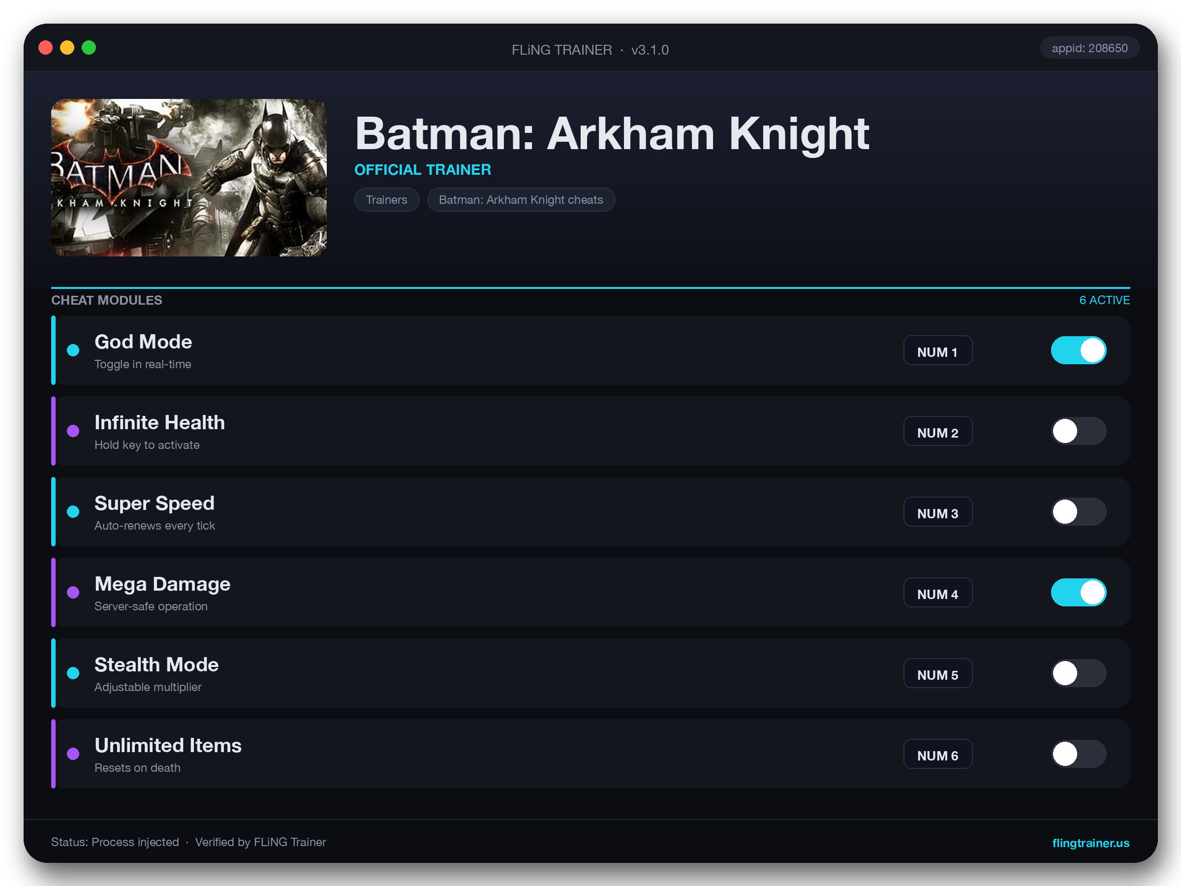 Batman: Arkham Knight Trainer interface