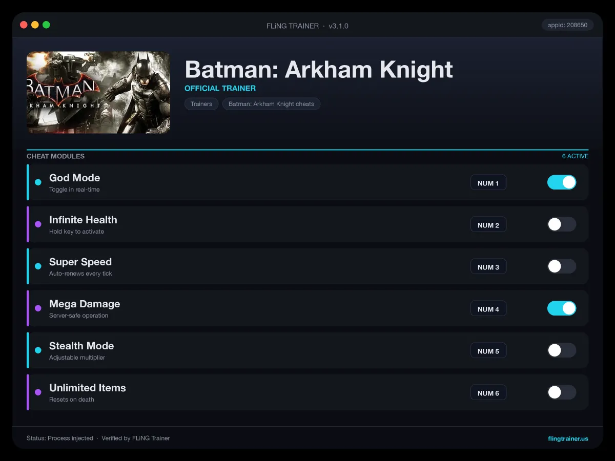 Batman: Arkham Knight Trainer interface