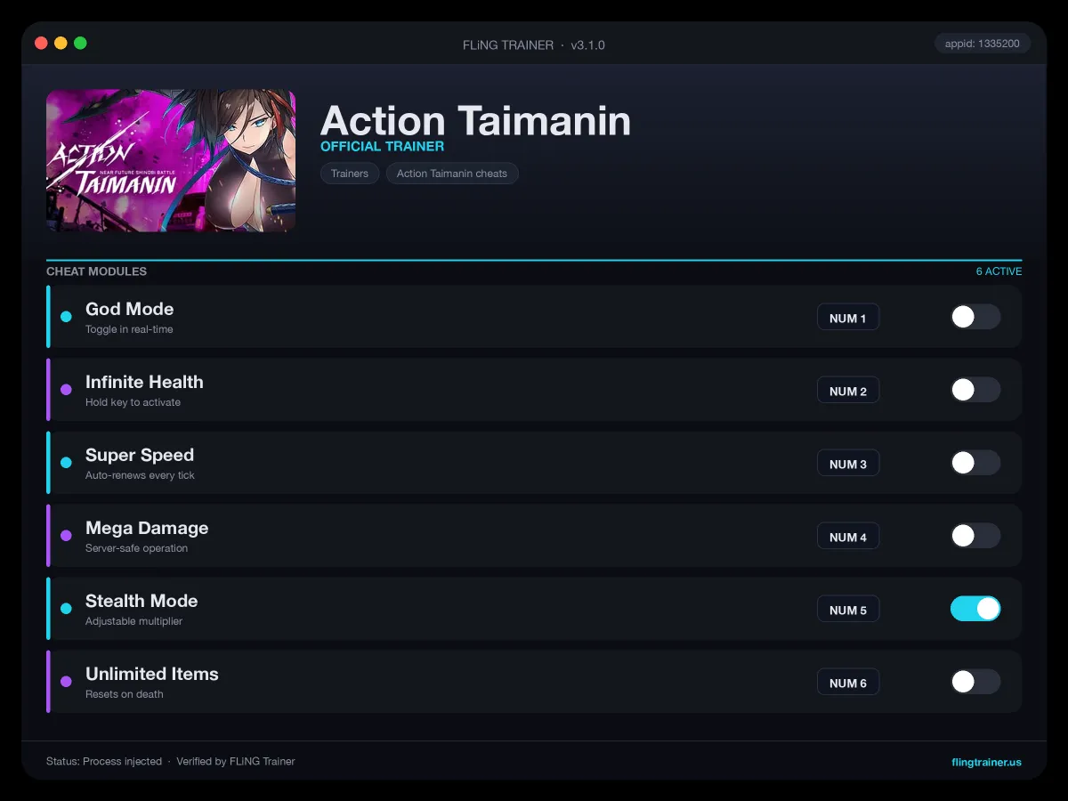 Action Taimanin Trainer interface