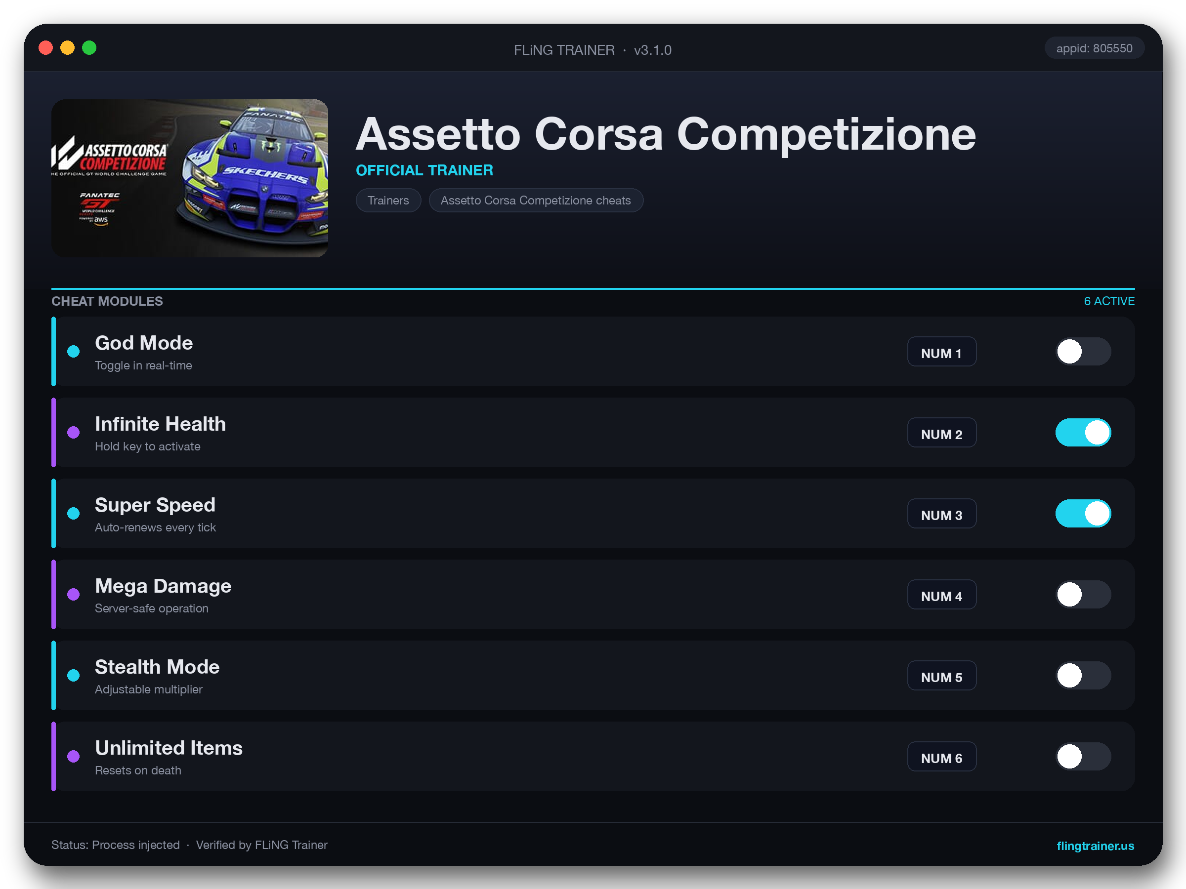 Assetto Corsa Competizione Trainer interface