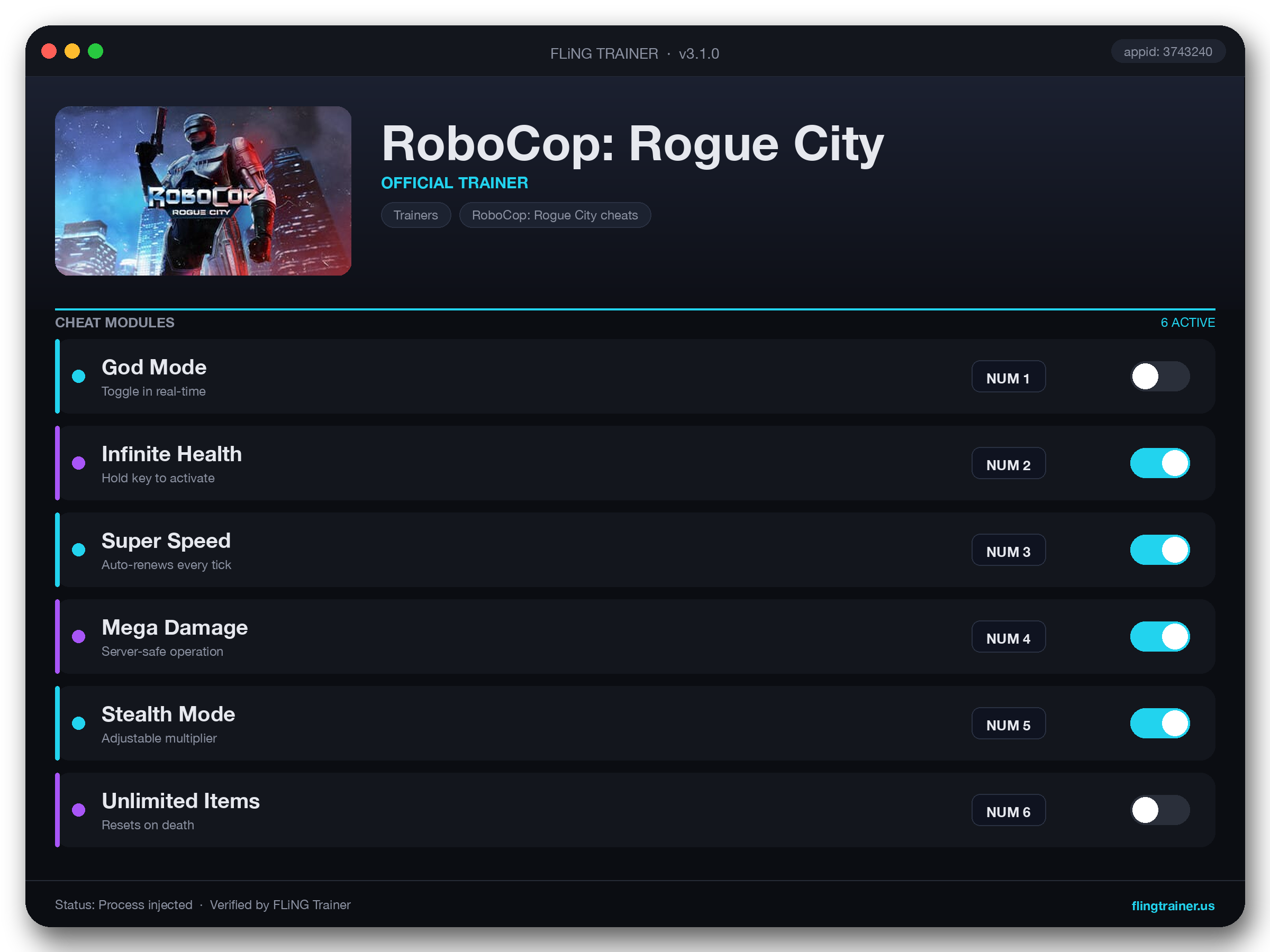 RoboCop: Rogue City Trainer interface