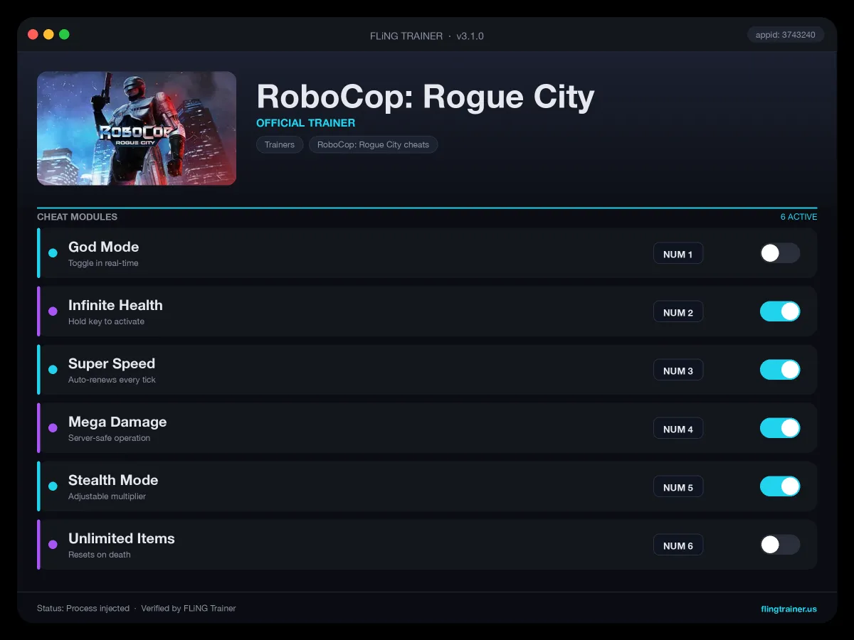 RoboCop: Rogue City Trainer interface