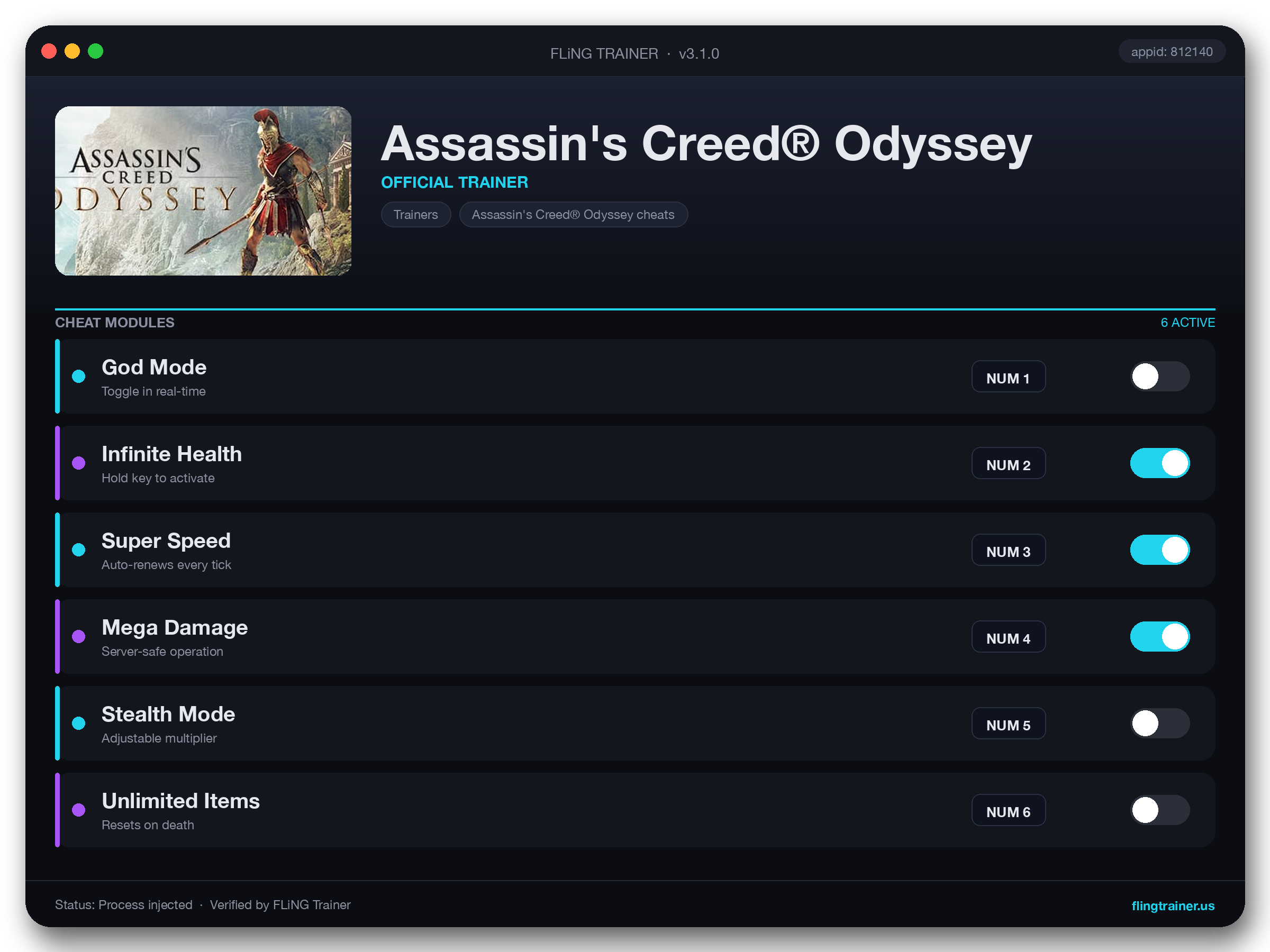 Assassin's Creed® Odyssey Trainer interface