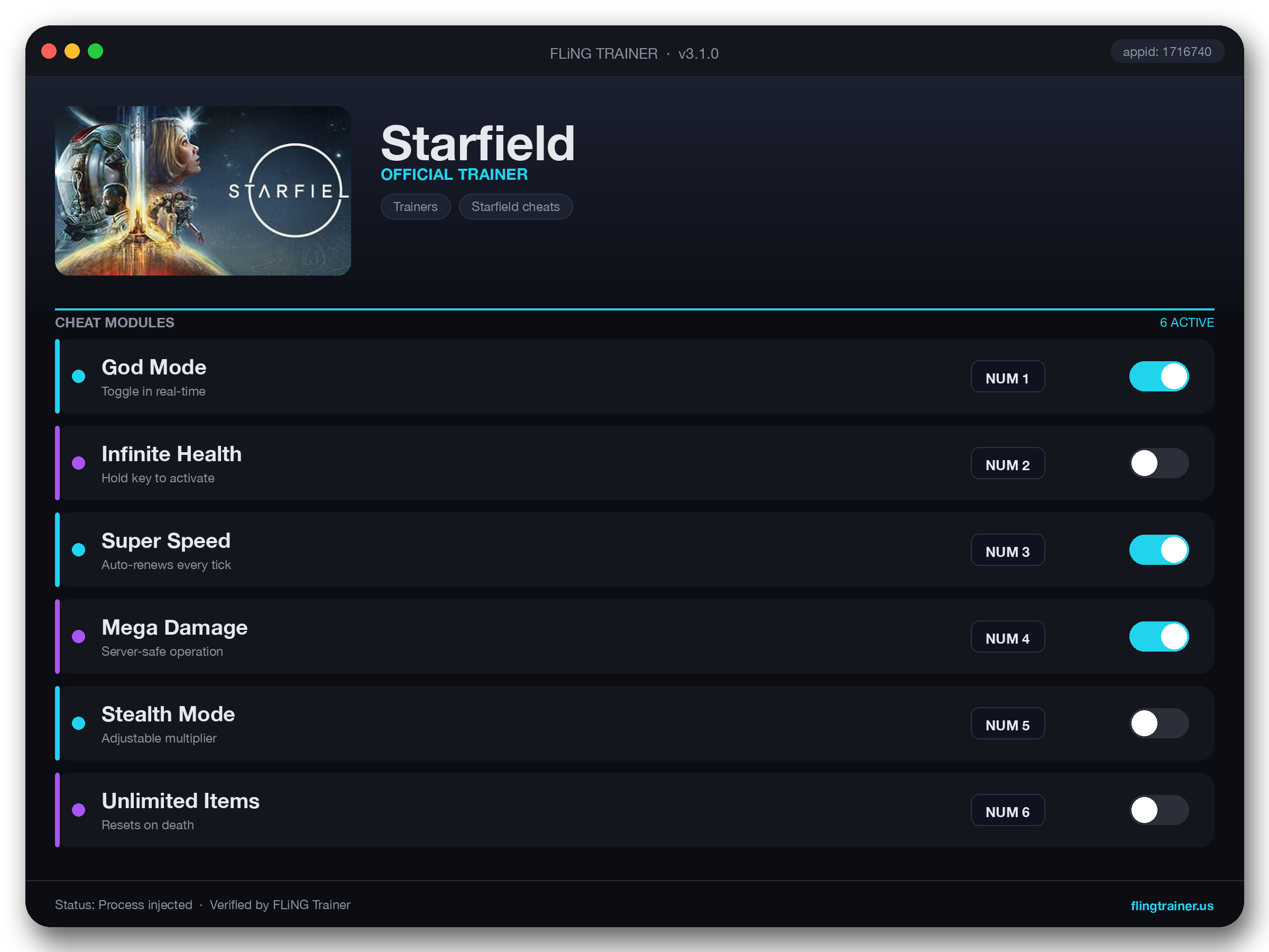 Starfield Trainer interface