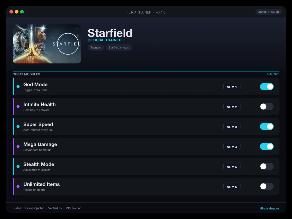 Starfield Trainer interface