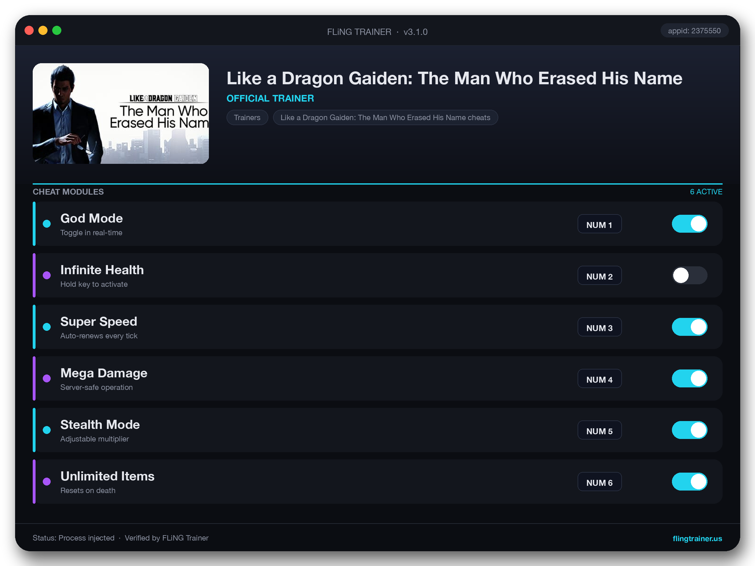 Like a Dragon Gaiden: The Man Who Erased His Name Trainer interface
