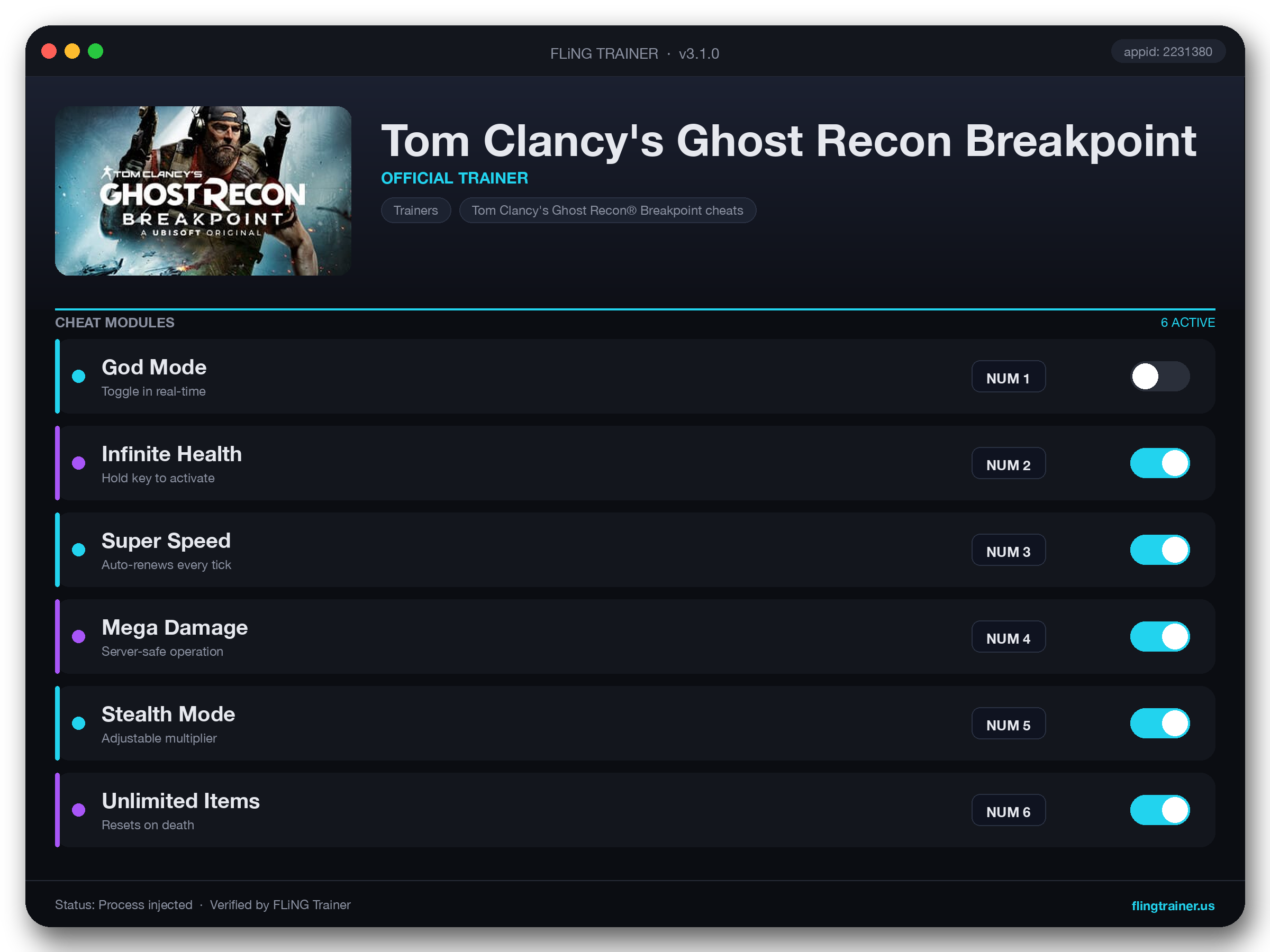 Tom Clancy's Ghost Recon Breakpoint Trainer interface