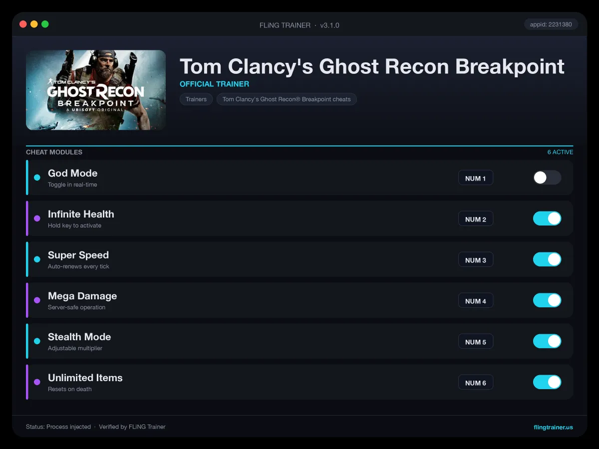Tom Clancy's Ghost Recon Breakpoint Trainer interface