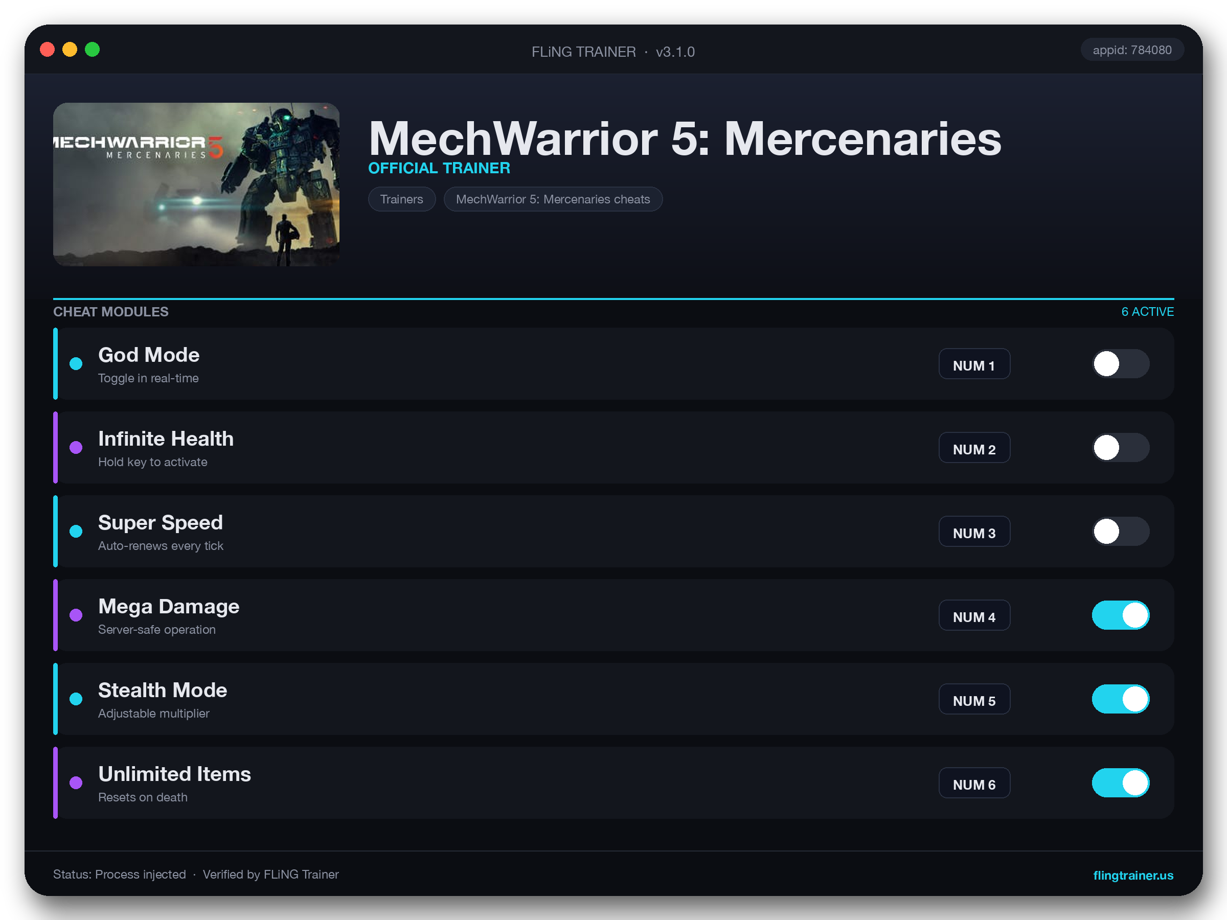 MechWarrior 5: Mercenaries Trainer interface