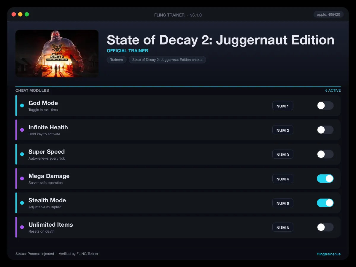 State of Decay 2: Juggernaut Edition Trainer interface
