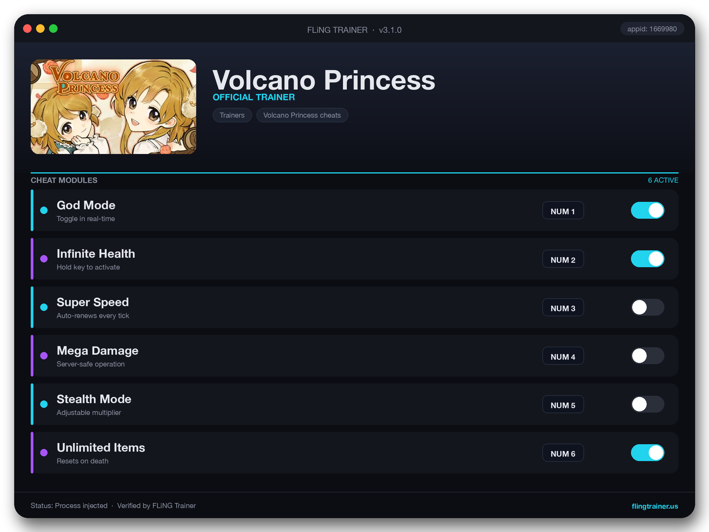 Volcano Princess Trainer interface