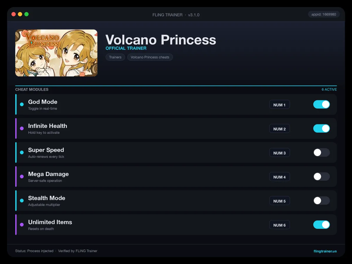 Volcano Princess Trainer interface