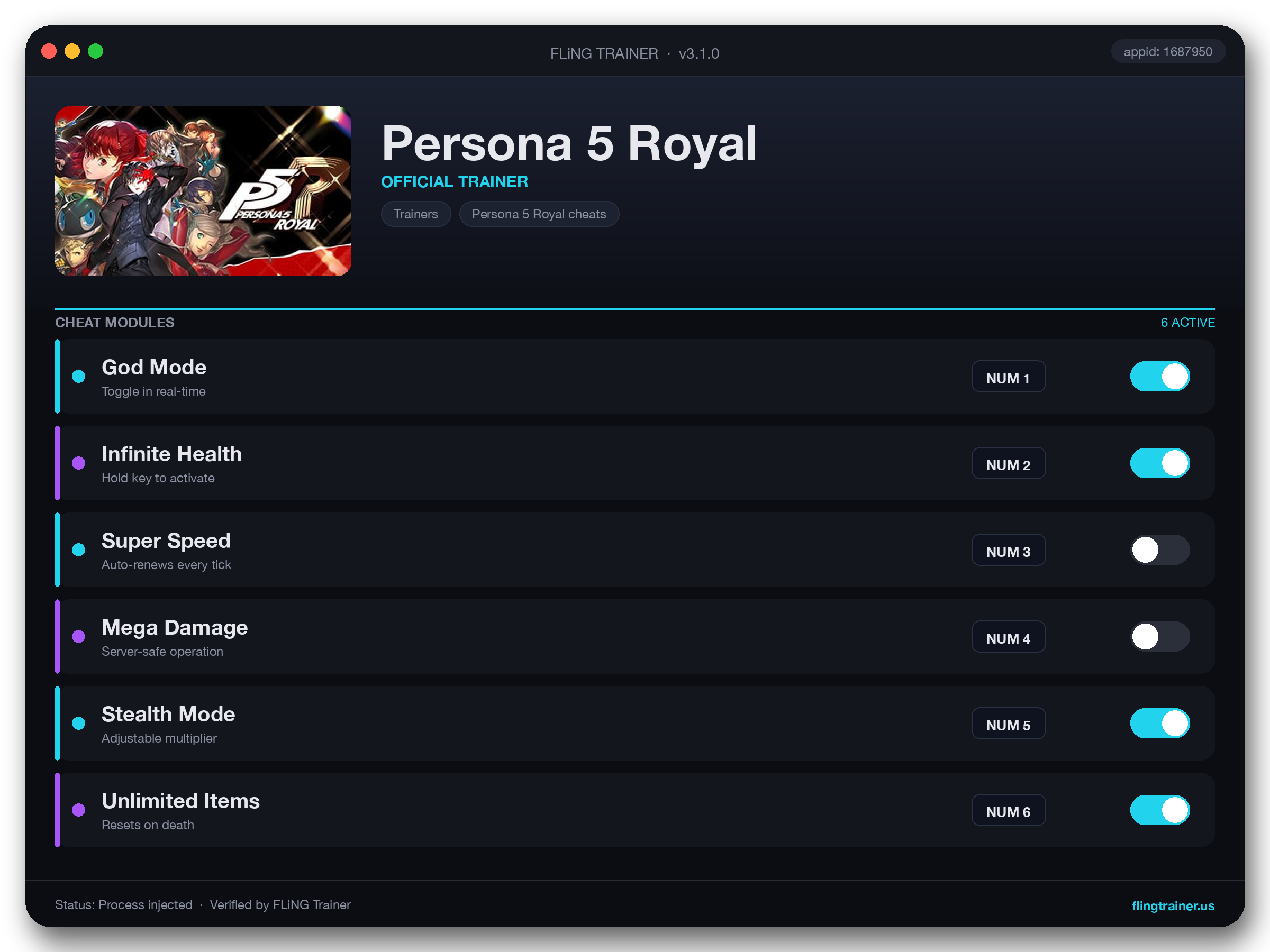 Persona 5 Royal Trainer interface