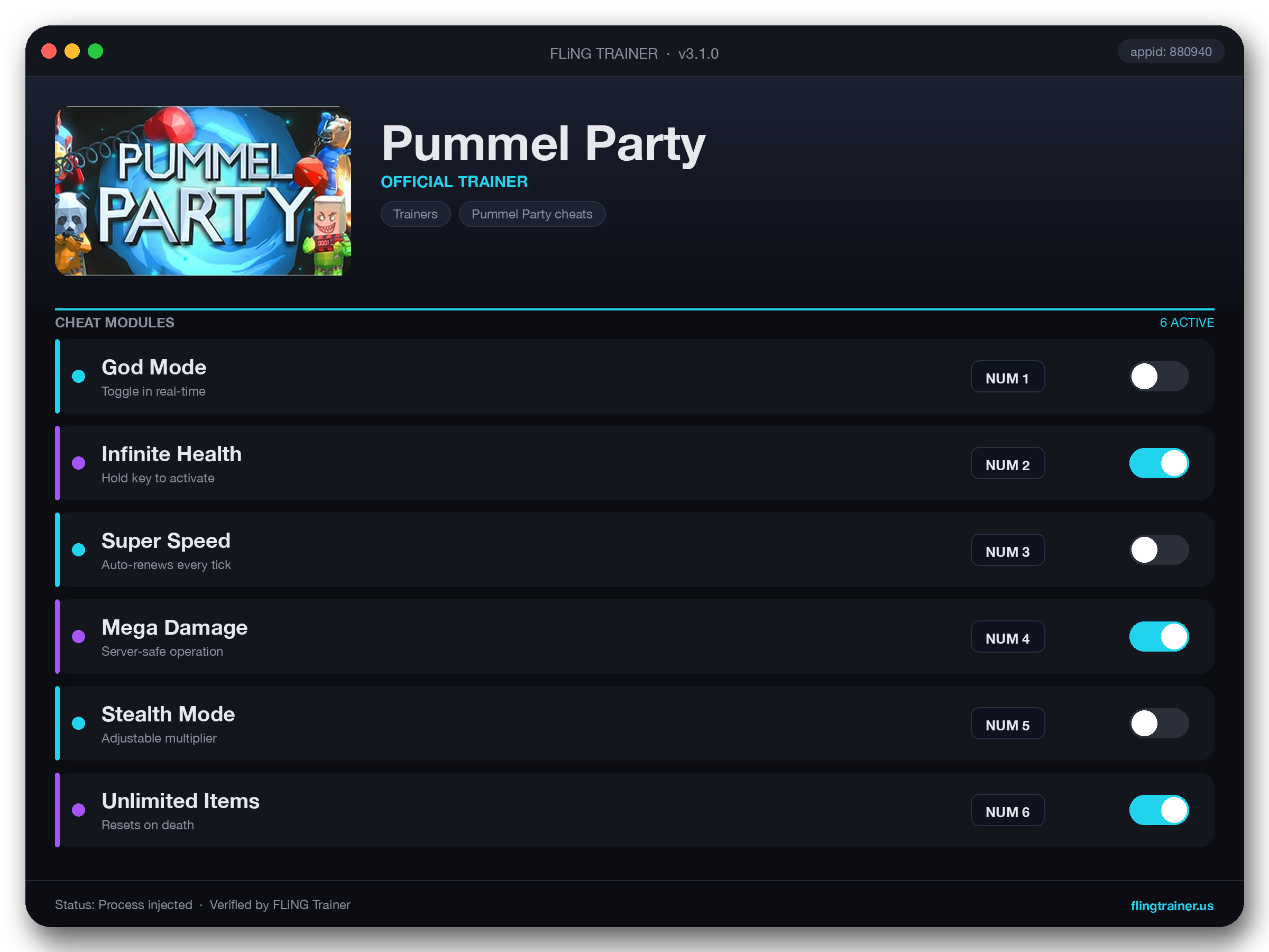 Pummel Party Trainer interface