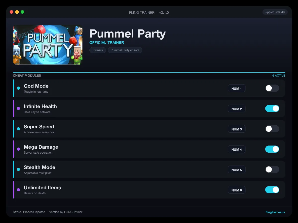Pummel Party Trainer interface