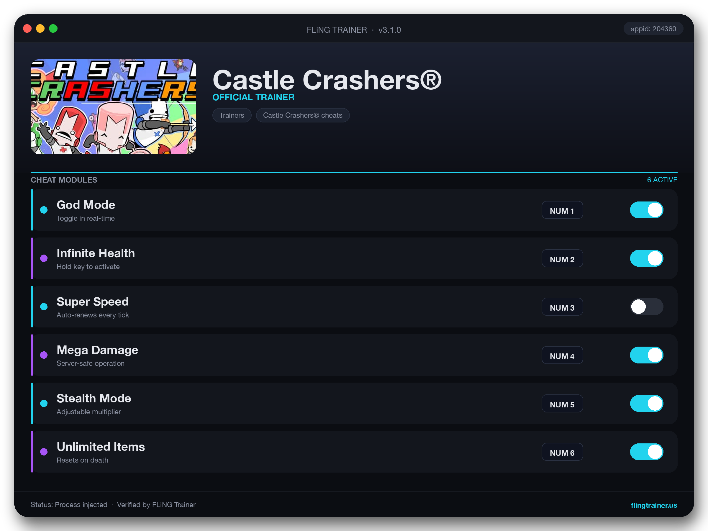 Castle Crashers® Trainer interface
