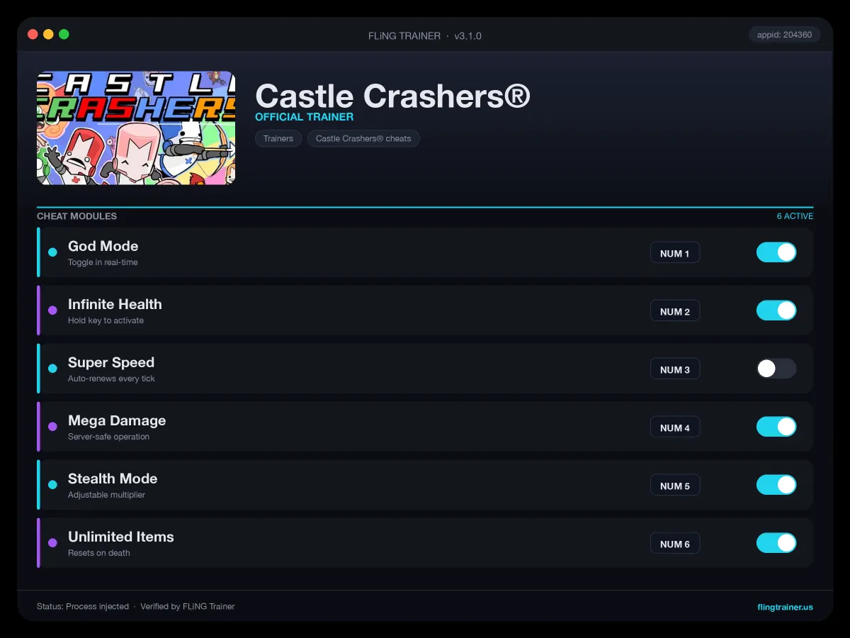 Castle Crashers® Trainer interface