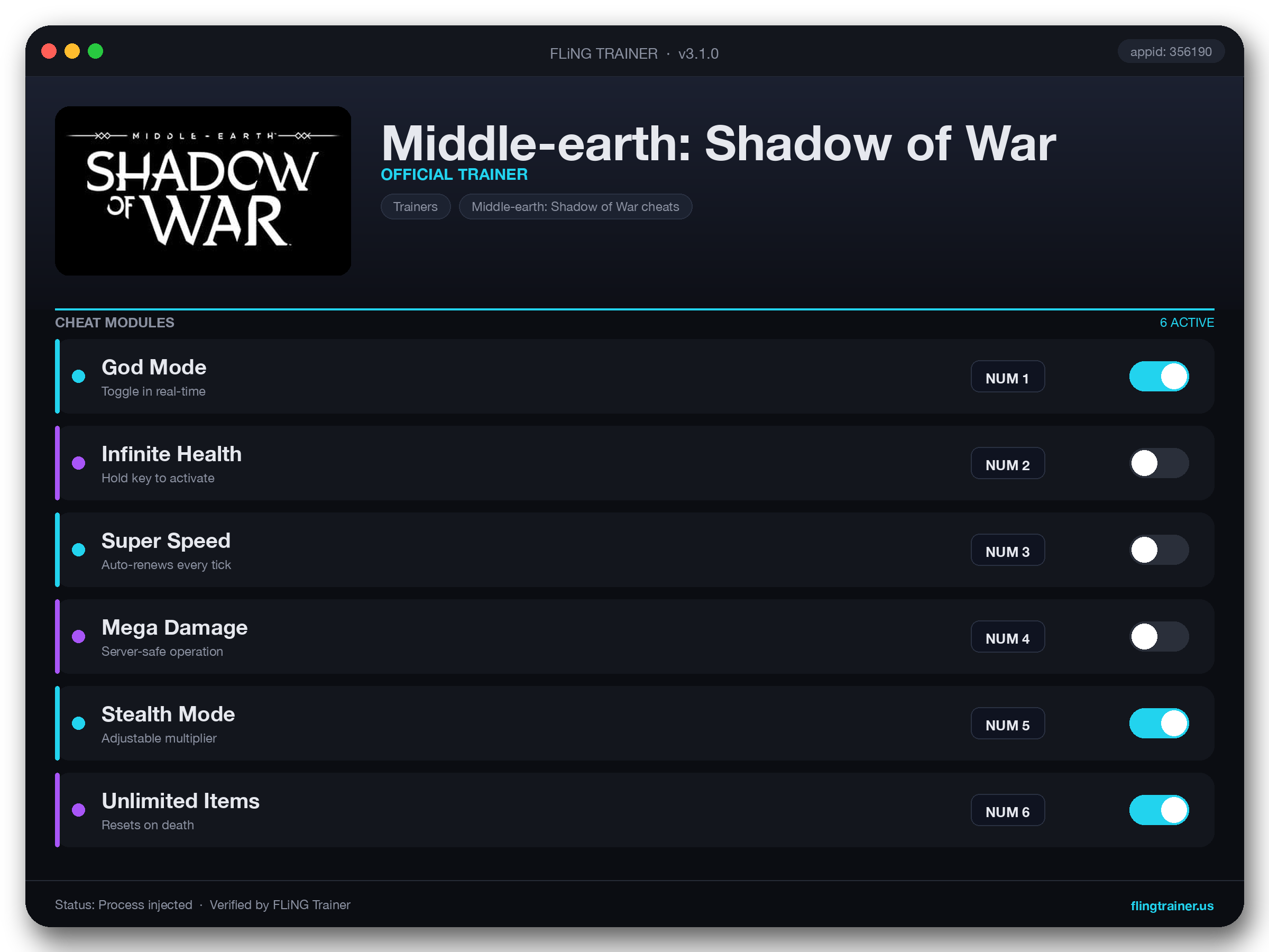 Middle-earth: Shadow of War Trainer interface