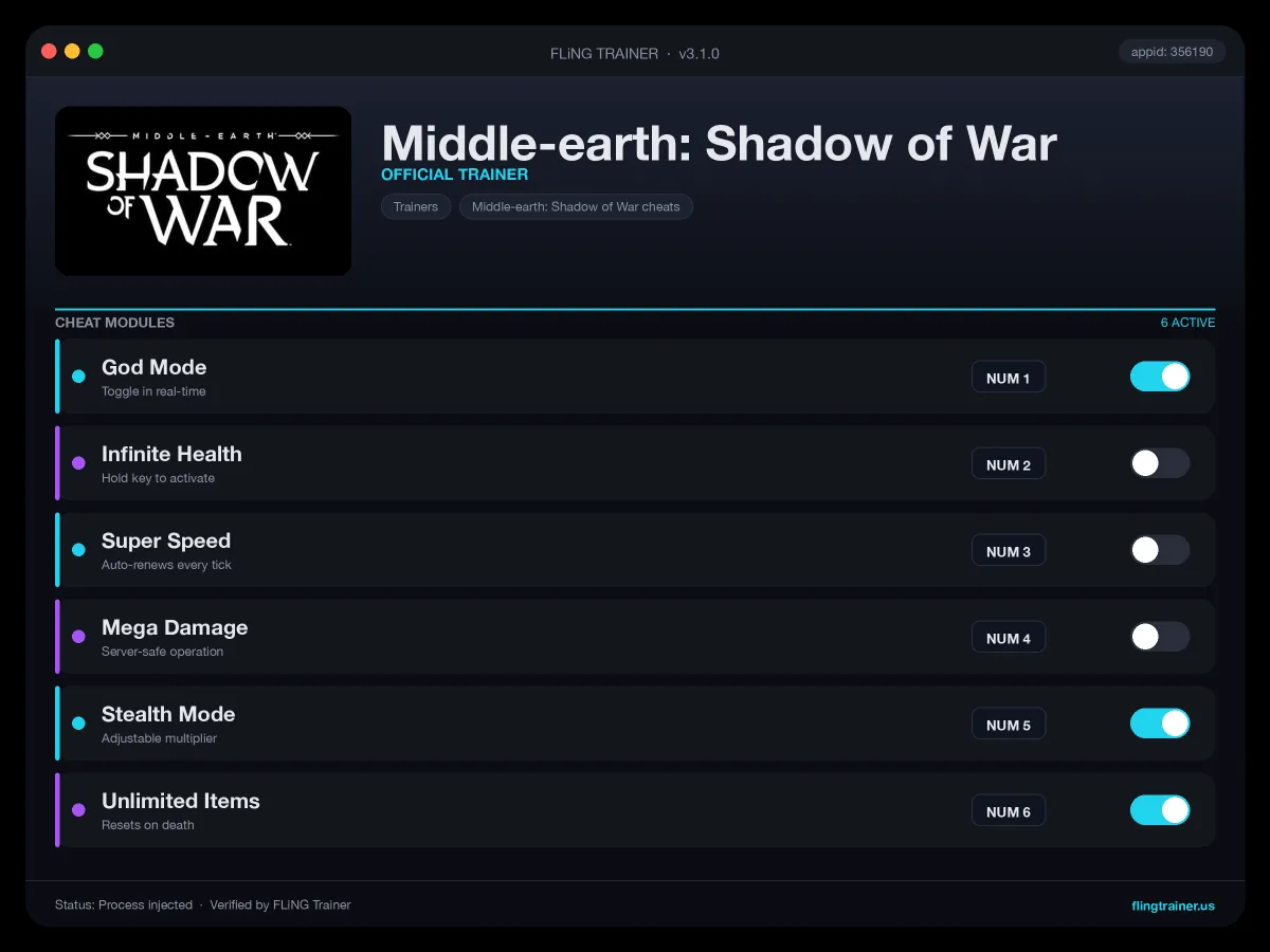 Middle-earth: Shadow of War Trainer interface