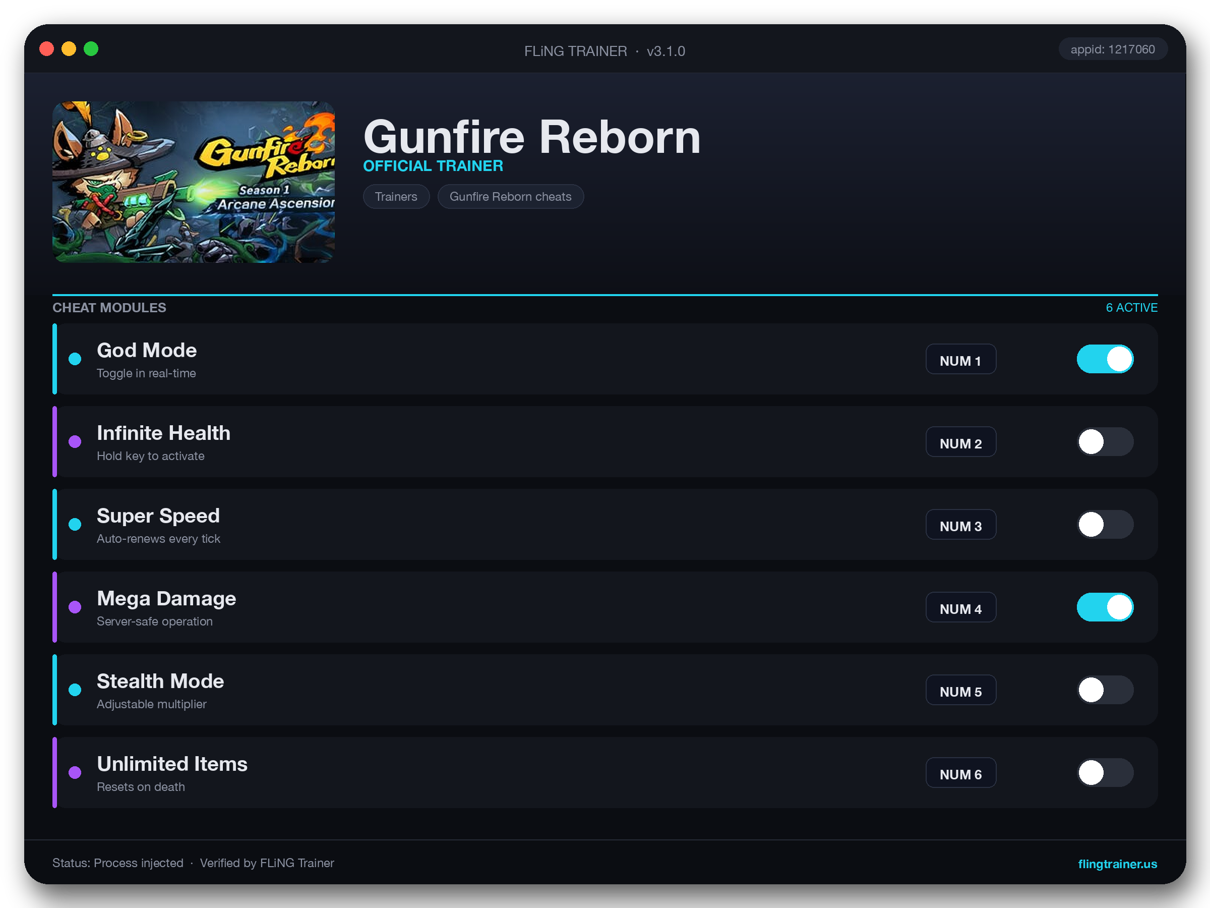 Gunfire Reborn Trainer interface