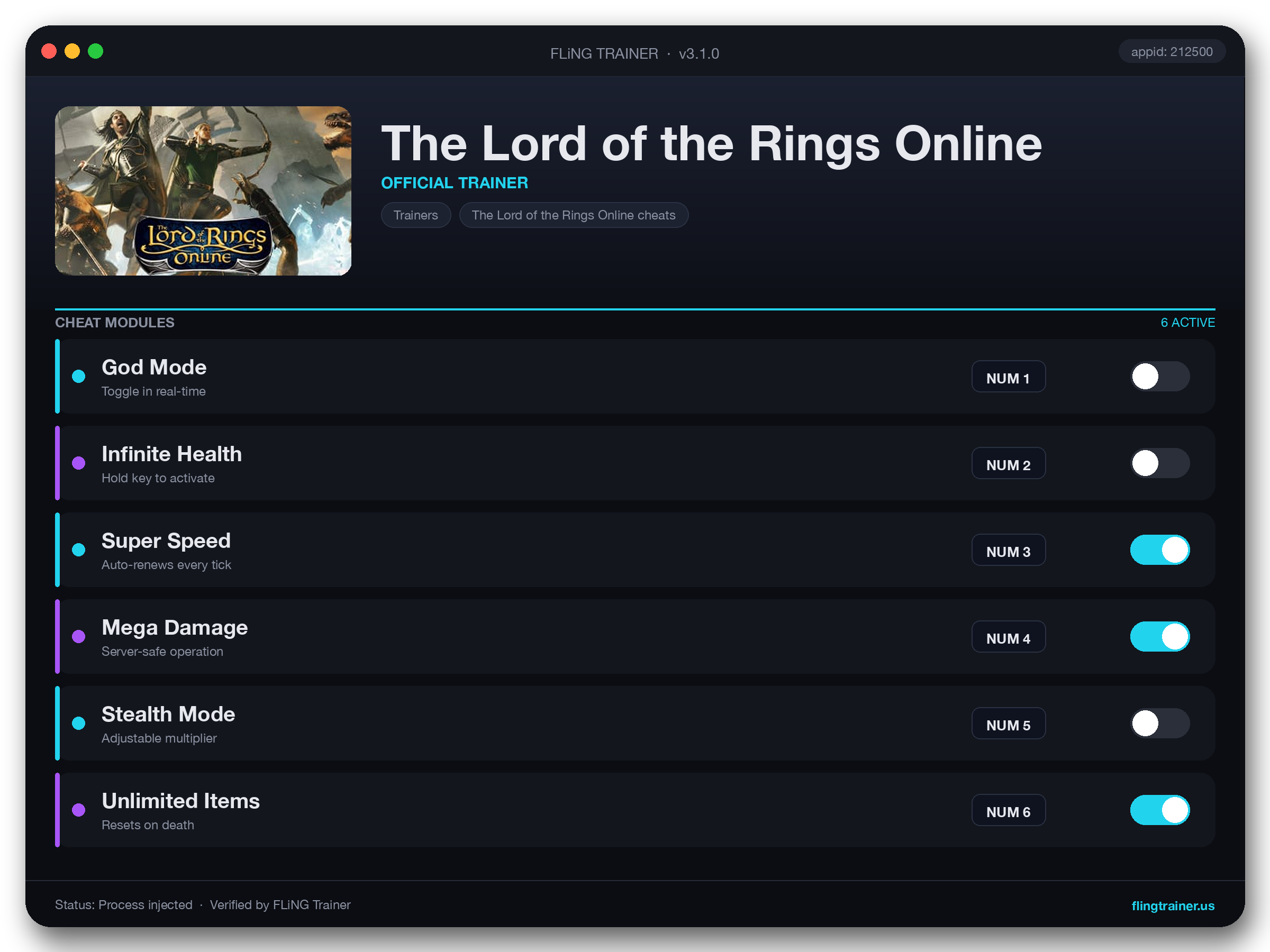The Lord of the Rings Online Trainer interface