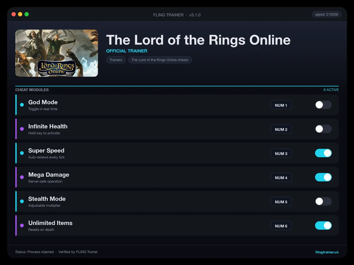 The Lord of the Rings Online Trainer interface