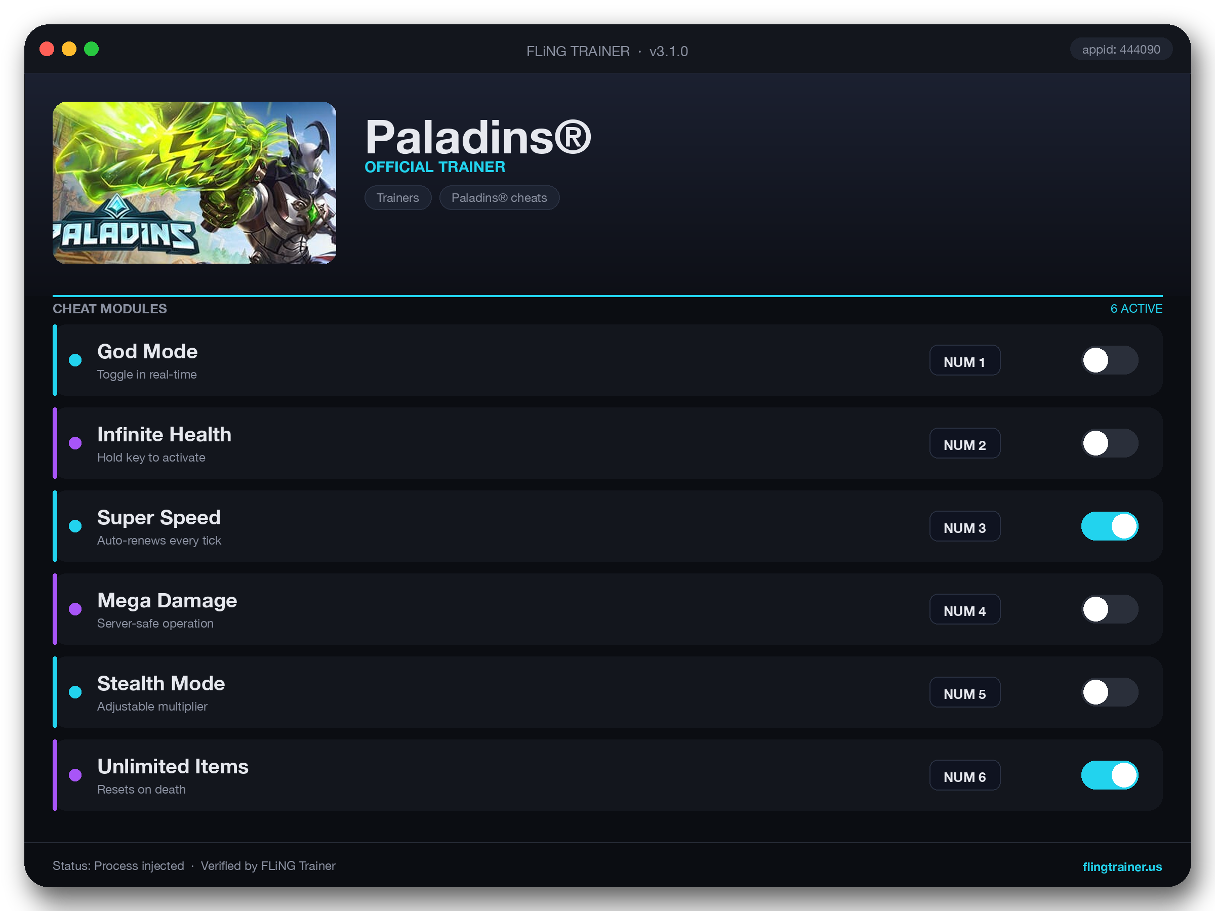 Paladins® Trainer interface