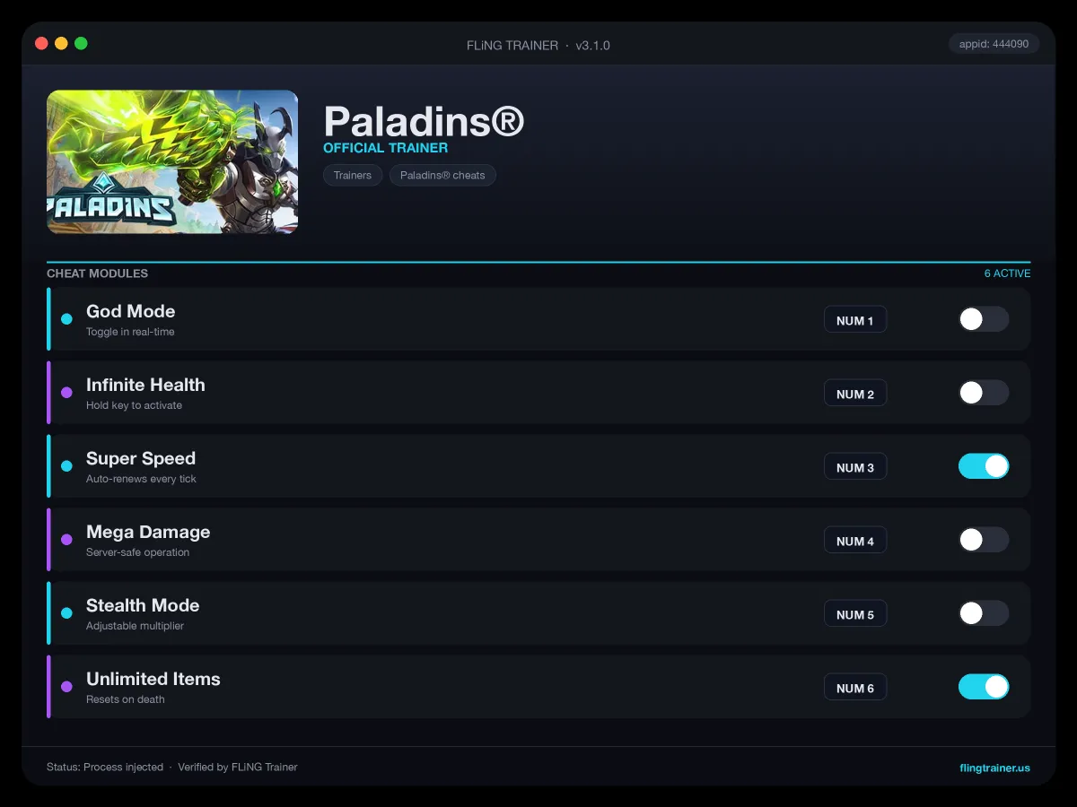 Paladins® Trainer interface