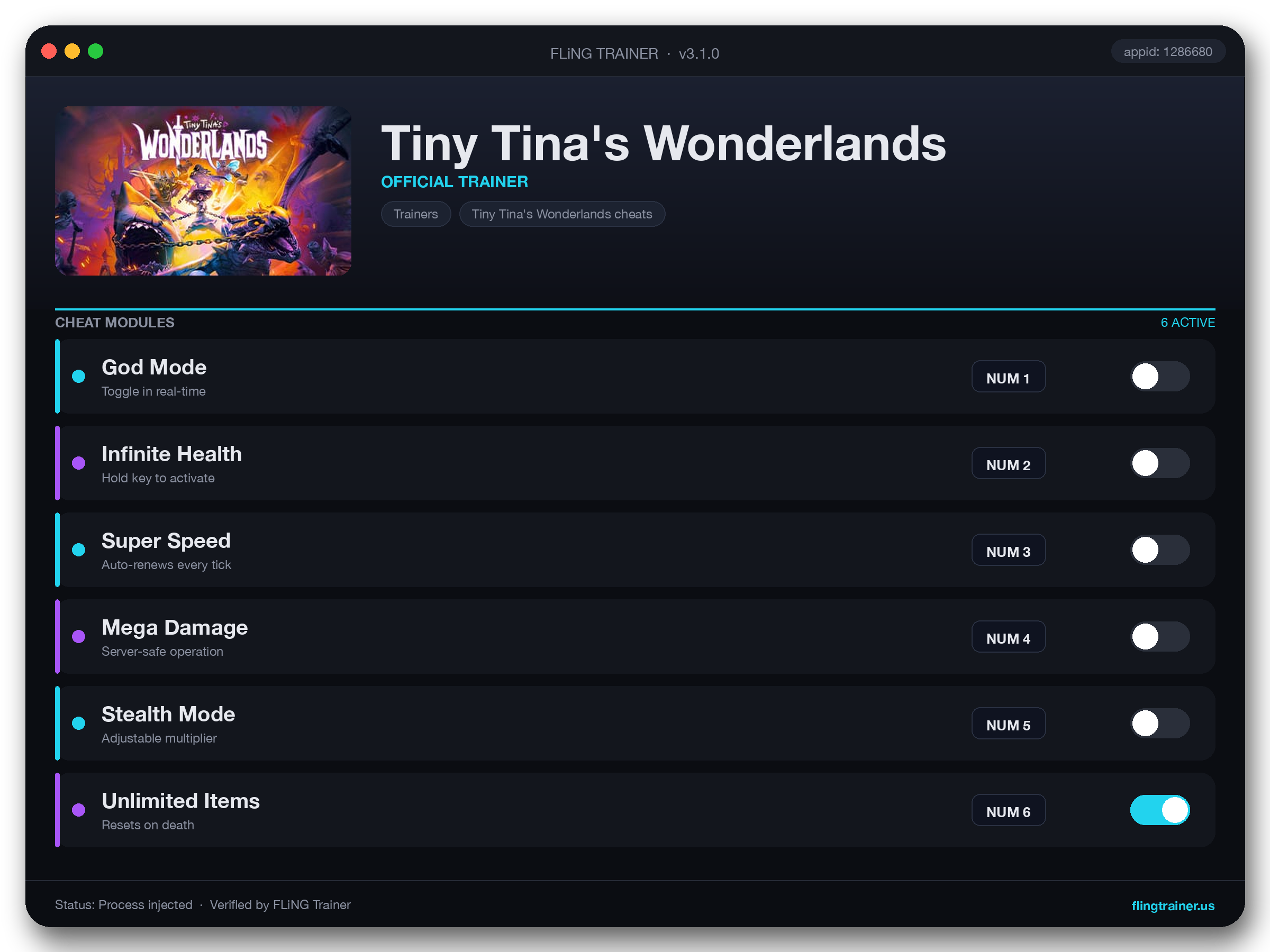 Tiny Tina's Wonderlands Trainer interface