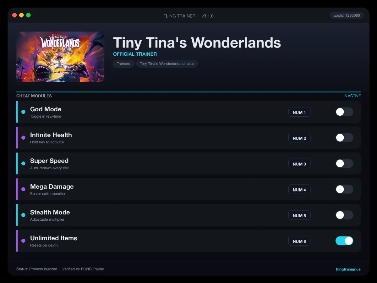 Tiny Tina's Wonderlands Trainer interface