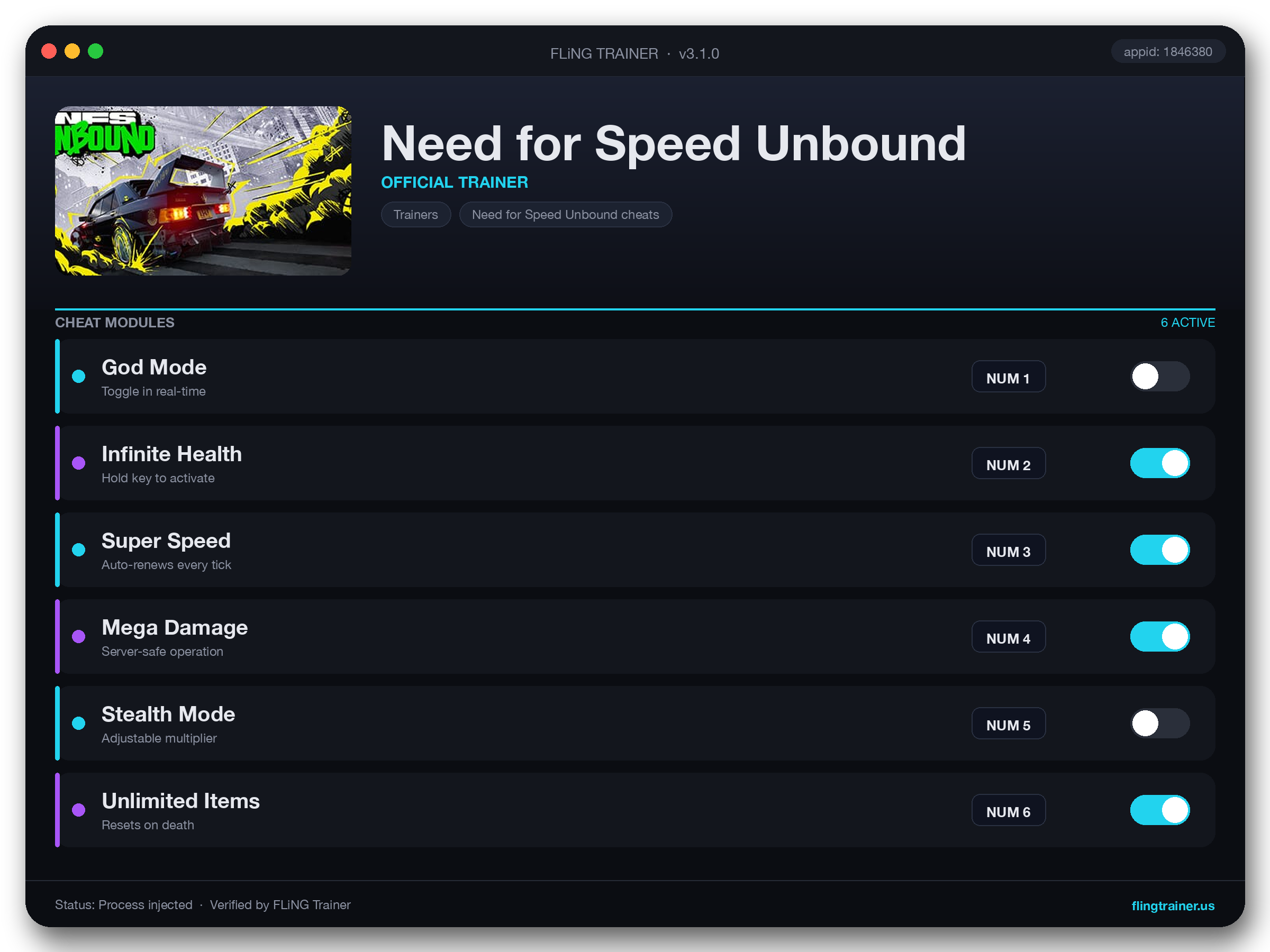 Need for Speed Unbound Trainer interface
