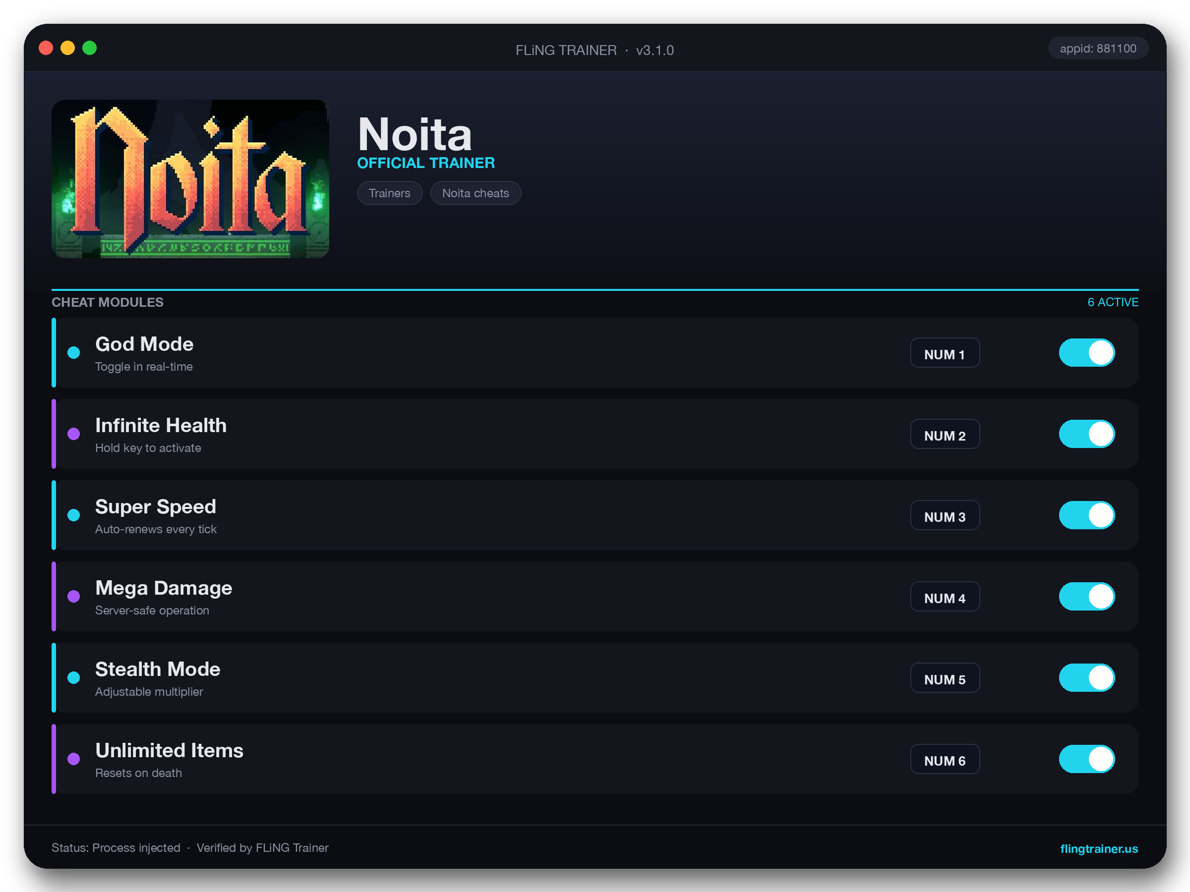 Noita Trainer interface