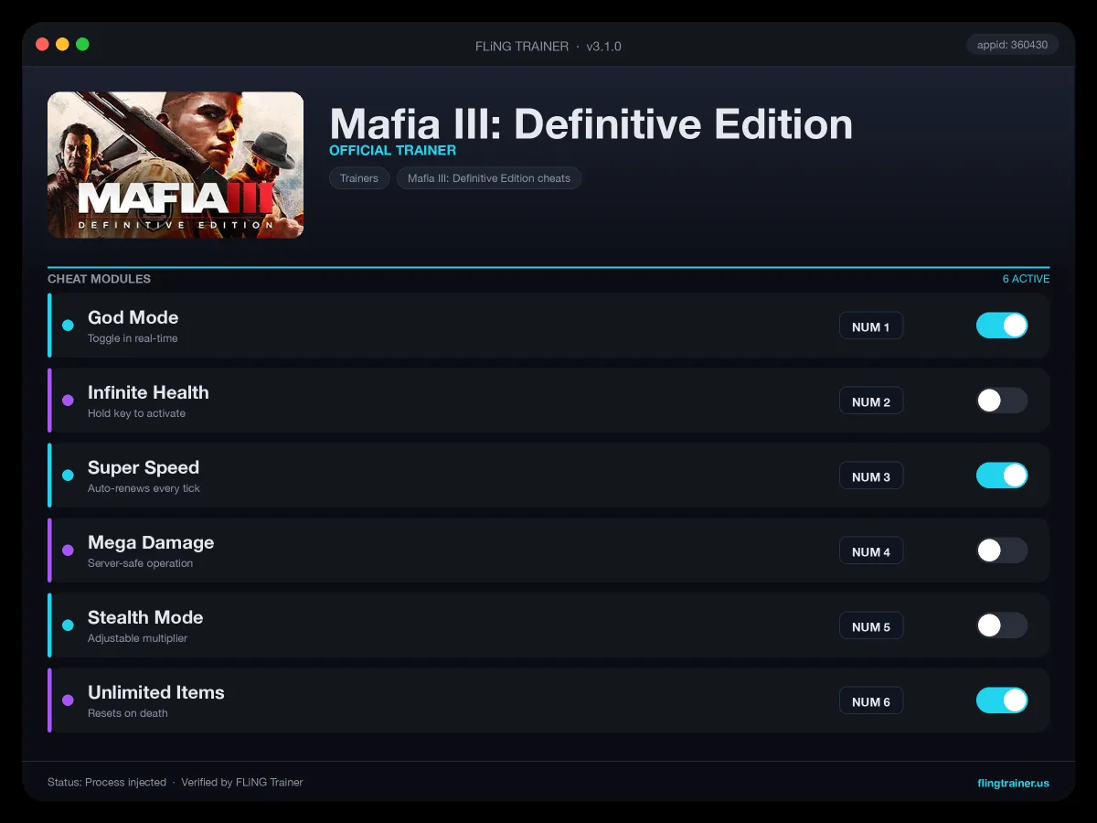 Mafia III: Definitive Edition Trainer interface