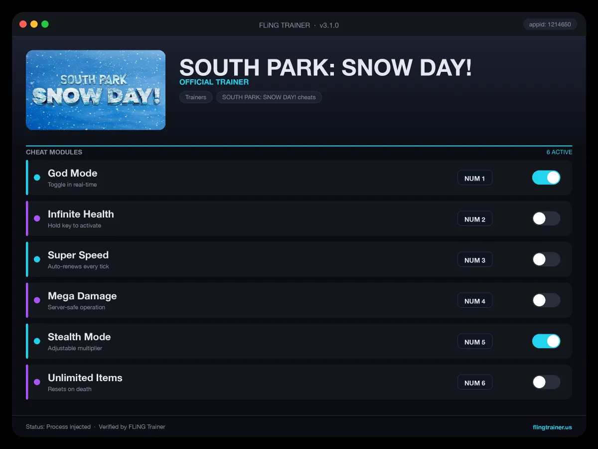 SOUTH PARK: SNOW DAY! Trainer interface