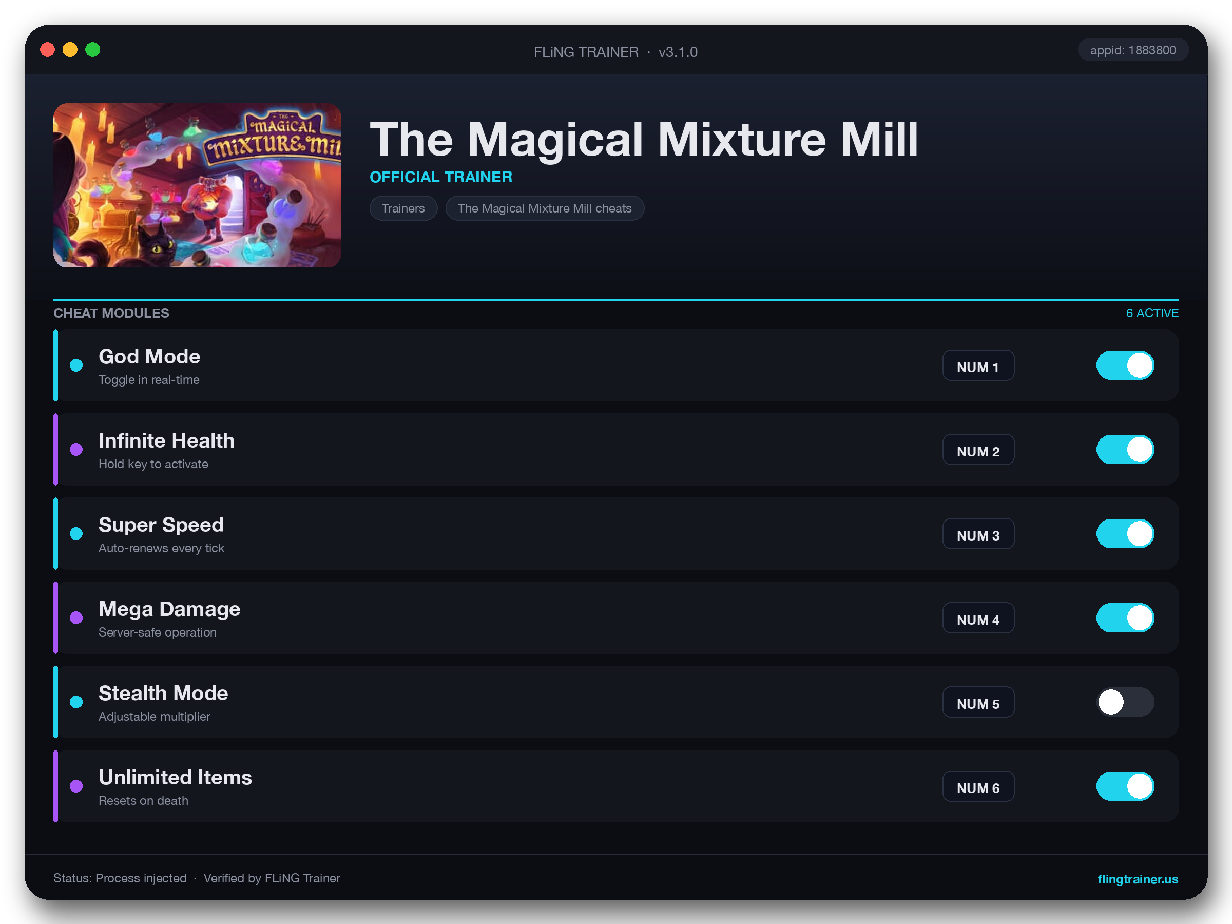 The Magical Mixture Mill Trainer interface
