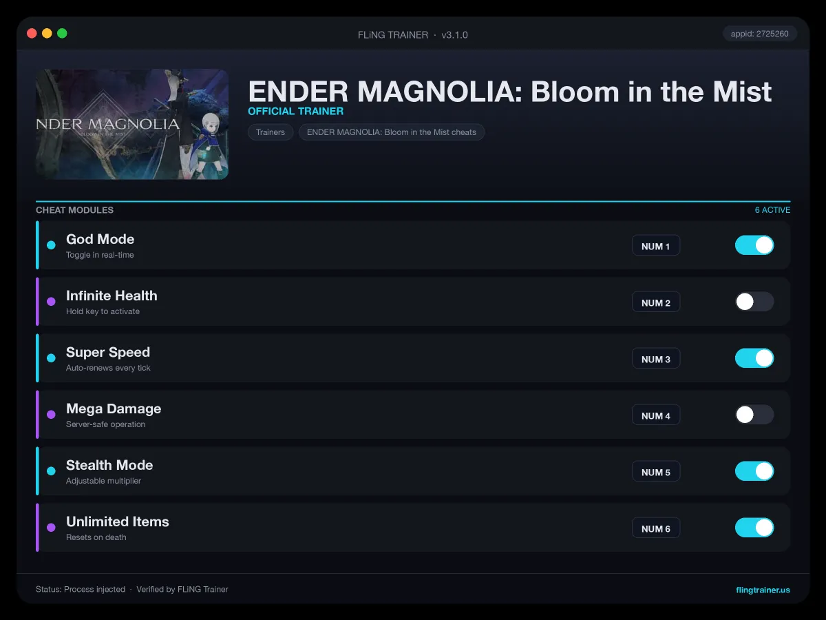 ENDER MAGNOLIA: Bloom in the Mist Trainer interface
