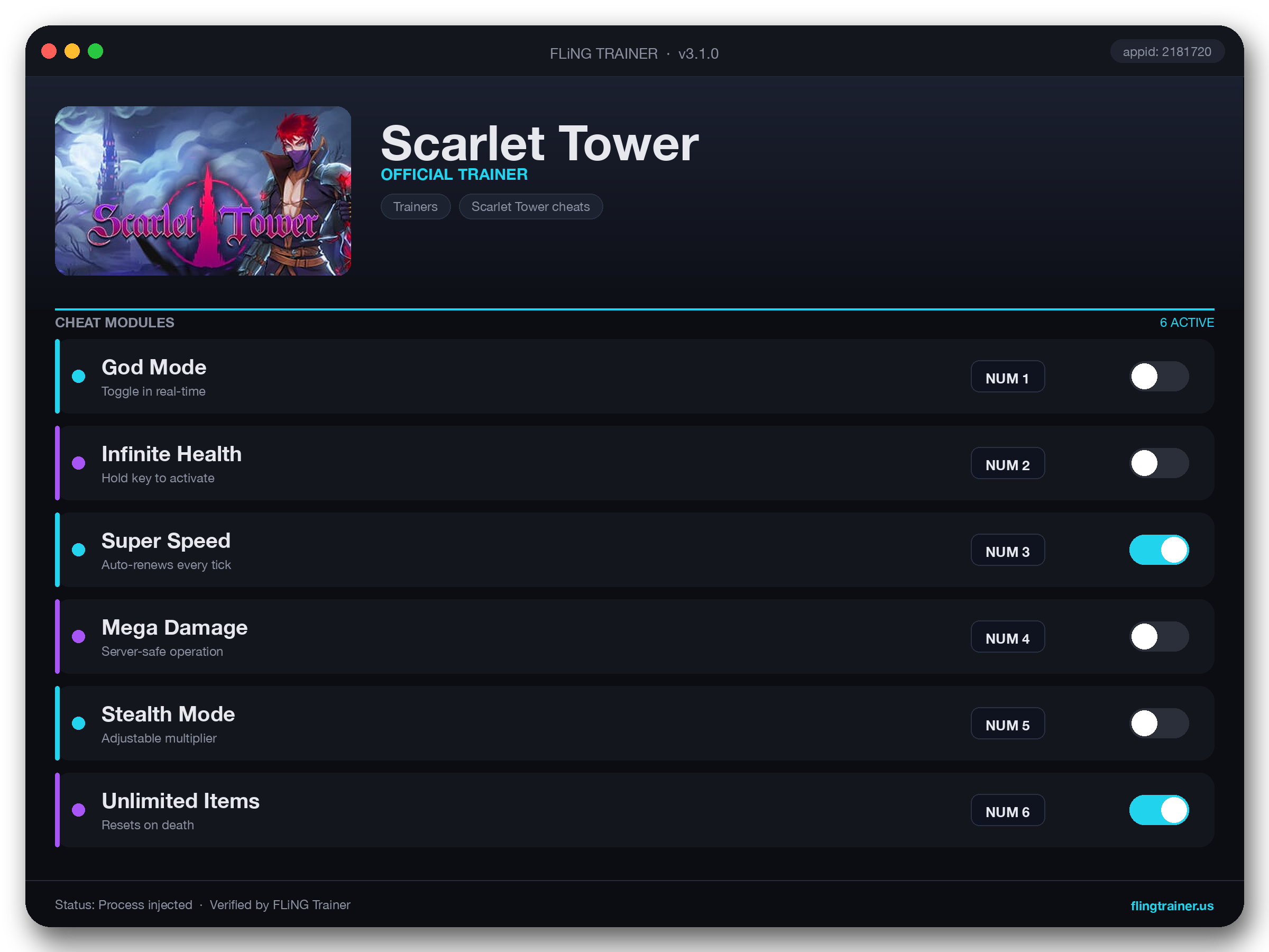 Scarlet Tower Trainer interface