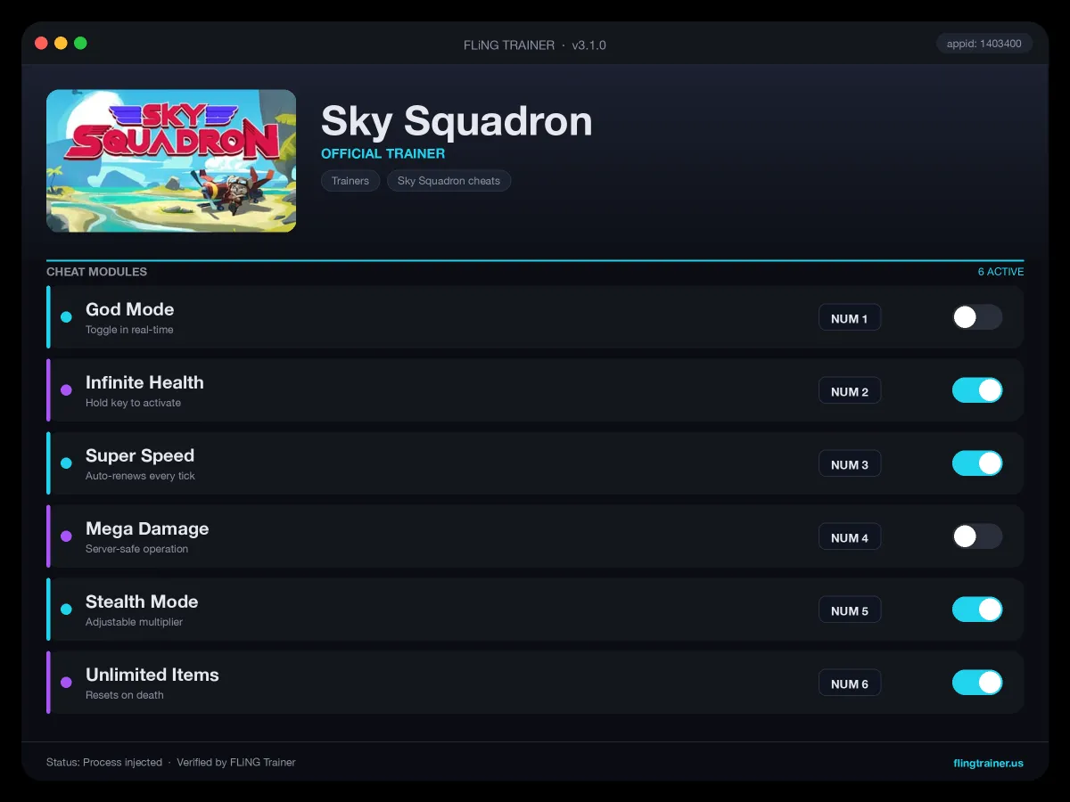 Sky Squadron Trainer interface
