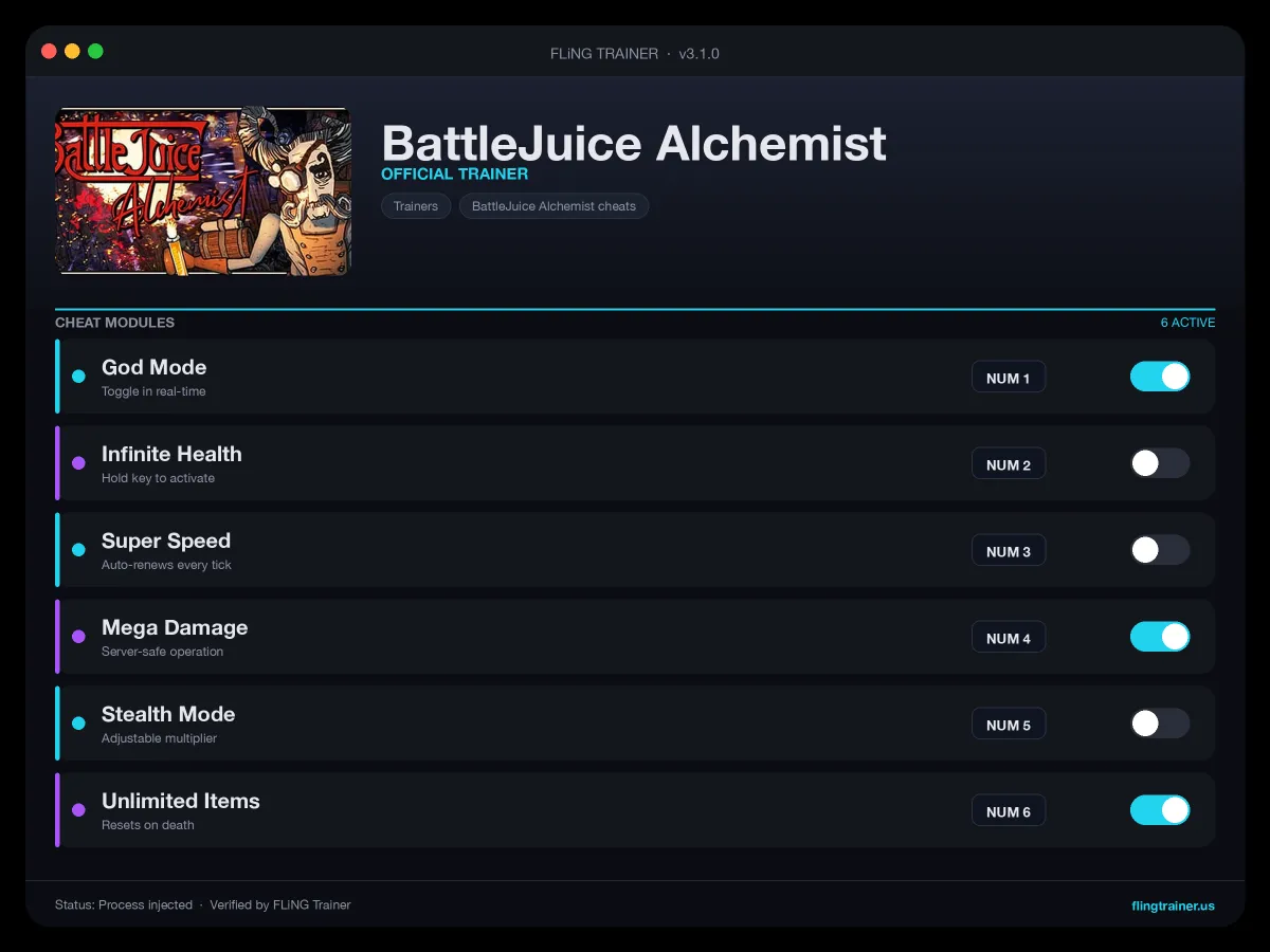 BattleJuice Alchemist Trainer interface