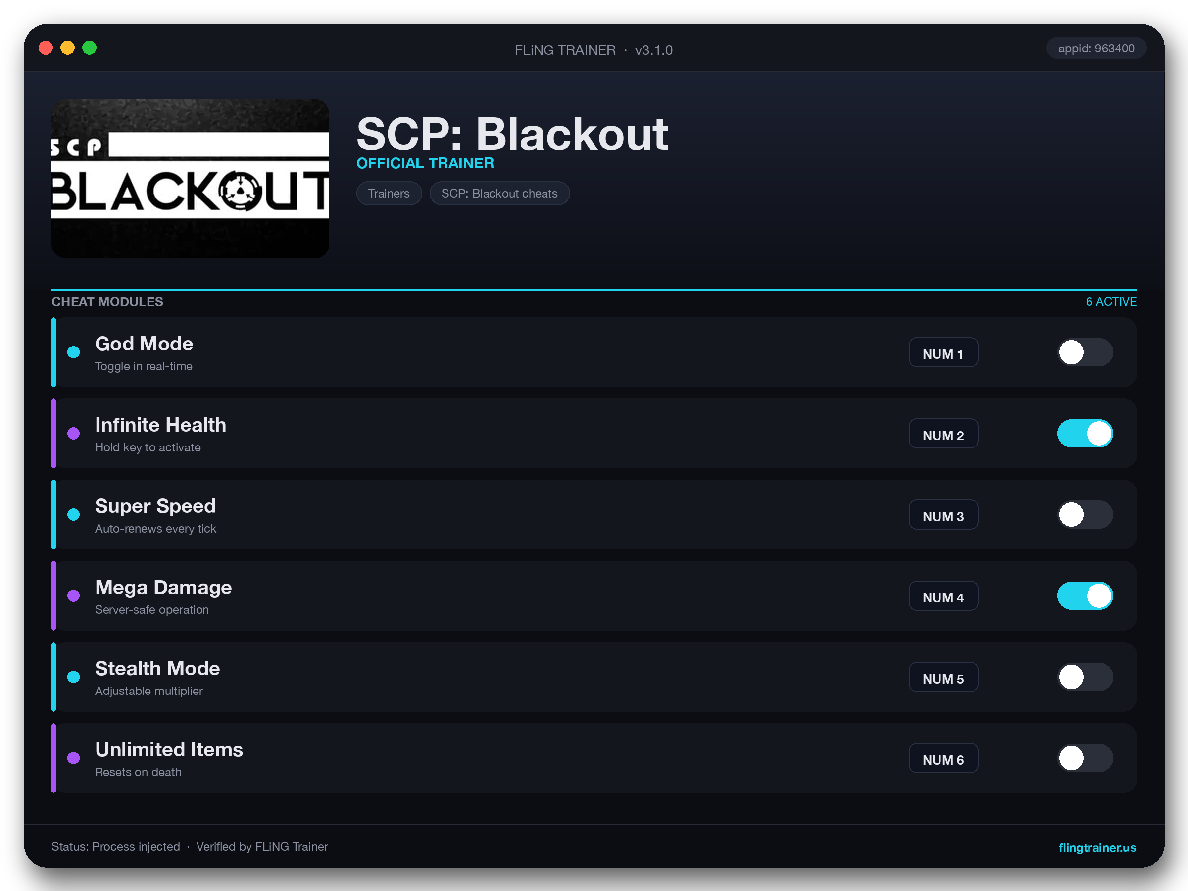 SCP: Blackout Trainer interface