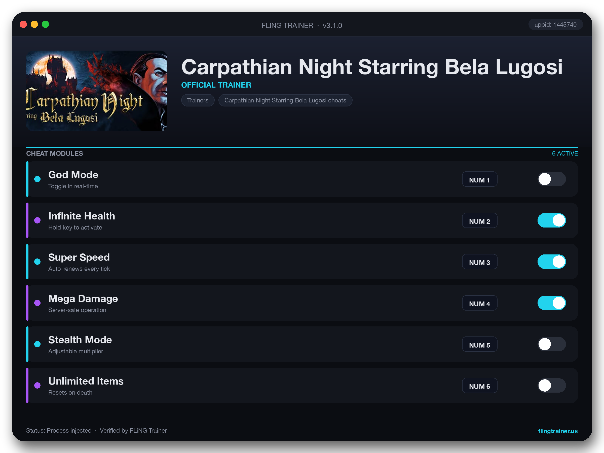 Carpathian Night Starring Bela Lugosi Trainer interface