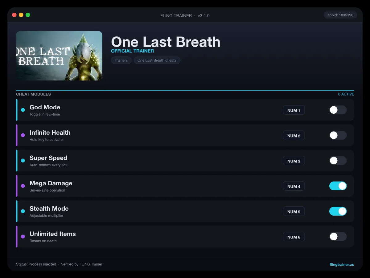 One Last Breath Trainer interface
